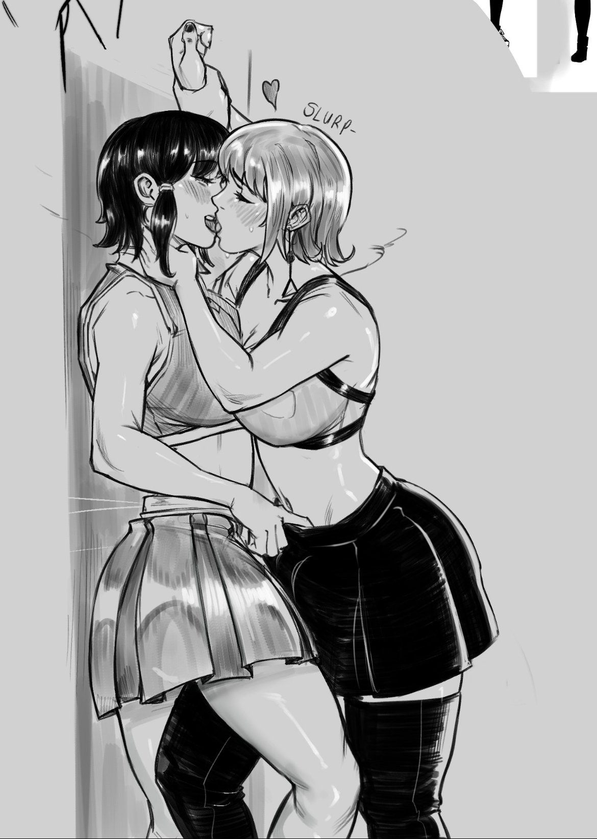 2girls, belly, blush, blush lines, bodies pressed together, breasts to breasts, breasts touching, chainsaw man, cheerleader, cheerleader uniform, cute, cute face, death devil (chainsaw man), female, female only, female/female, franicman, greyscale, hand on neck, heart, holding hands, kissing, lesbian, lesbian kiss, lesbians, lesbians kissing, making out, midriff, mifune fumiko, pulling down skirt, sexy, sexy body, short hair, side view, slurp, tongue, tongue kiss, uncolored, wlw, yuri