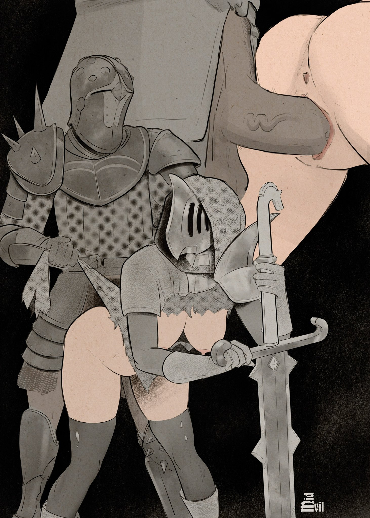 1boy, 1girls, anus, armor, armored female, artist logo, ass, beak, breasts, chaoswalker (stupidroach), dark-skinned male, dead by daylight, exposed ass, exposed breasts, female, female knight, helmet, hood, knight, looking back, male, masked female, medieval, midevil, nipples, oc, original, original character, penis, pounding ass, pussy, ripped clothing, sex, size difference, standing doggy style, straight, stupidroach, sword, the knight (dead by daylight), vaginal penetration, vaginal sex, veiny penis, villain
