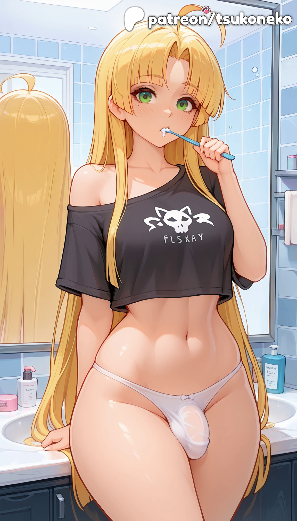 1futa, 2026, ahoge, ai assisted, ai generated, anime, artist name, asia argento, bathroom, breasts, explicit, futa only, futanari, green eyes, hi res, high quality, high resolution, high school dxd, highres, kitchen, light-skinned futa, long hair, mirror, otoko no ko, panties, patreon, patreon username, penis, sink, soap bottle, solo, stable diffusion, testicles, tile wall, tiles, toothbrush, tsukoneko, underwear, watermark