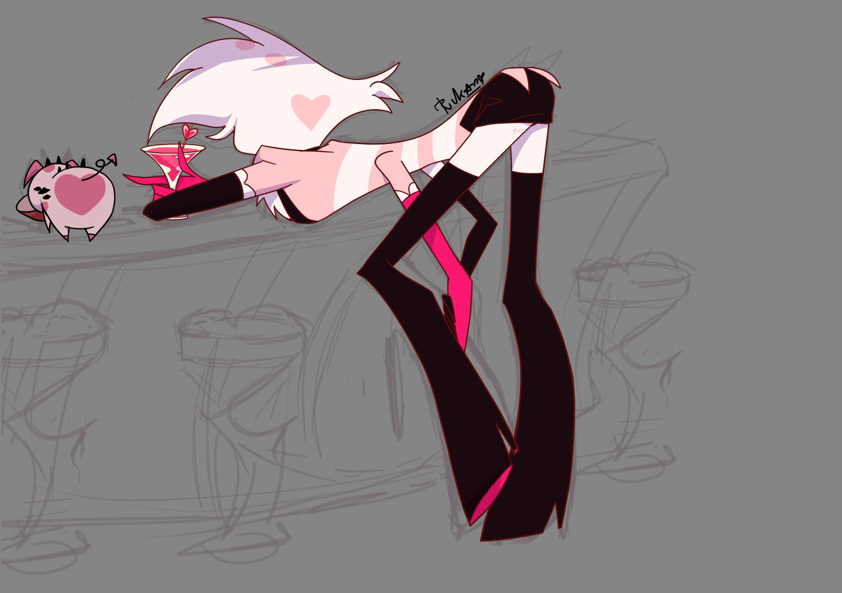 alcohol, alcoholic drink, angel dust (hazbin hotel), ass, ass focus, ass up, bent over, clothes, clothing, color, colored, colour, coloured, exposed, exposed legs, exposed thighs, fat nuggets (hazbin hotel), fuckable butt, fur, hazbin hotel, heart, heart on butt, heart symbol, hellaverse, line art, male, pet, pig, porn star, pornstar body, rukan, shaded, slutboy, slutty body, slutty male, slutty waist, spider, spider boy, spider demon, submissive and breedable, suit, tease, teasing, unfinished, unfinished background, view, viewed from behind, vulnerable