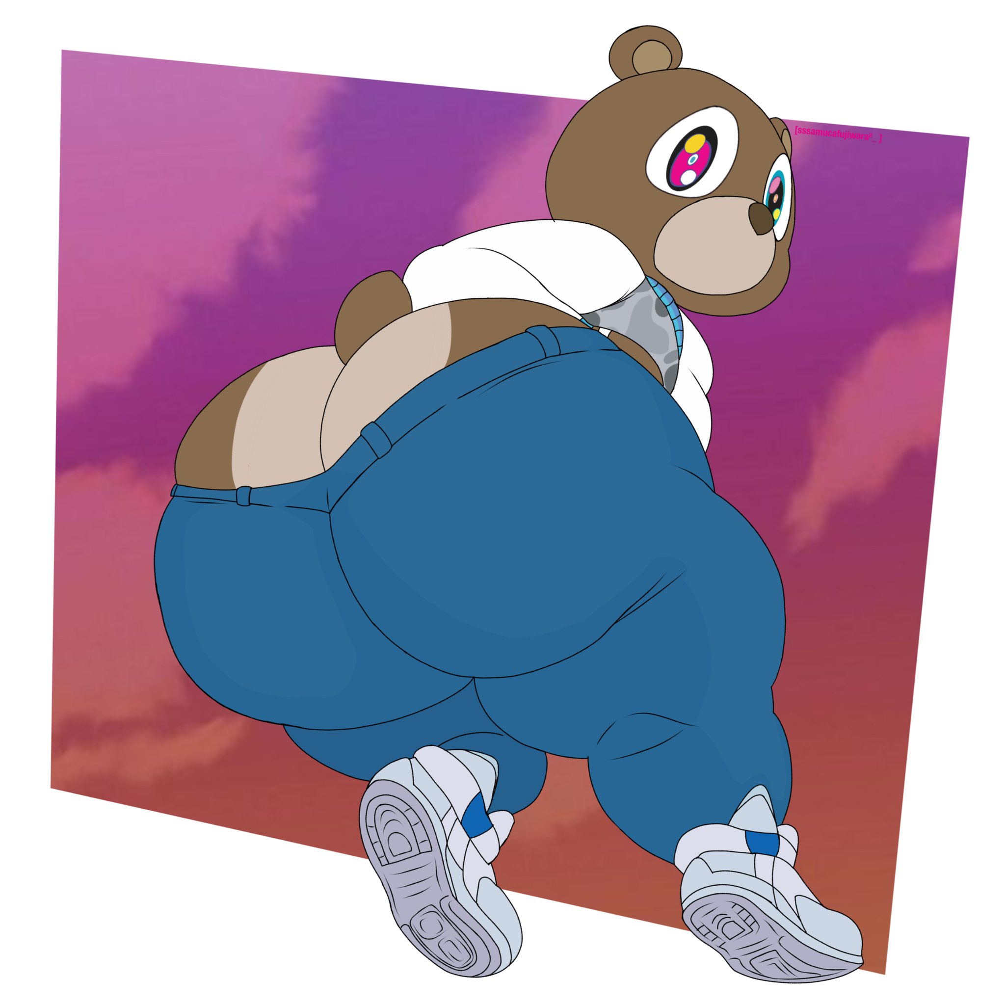 2024, anthro, anthro male, ass, bear, big ass, big butt, bottomwear down, clothed, clothed male, clothing, denim, denim bottomwear, denim clothing, dropout bear, furry, furry male, graduation (album), huge ass, huge butt, jacket, kanye west (copyright), large ass, large butt, rapper, samucafujiwara, shoes, twitter link
