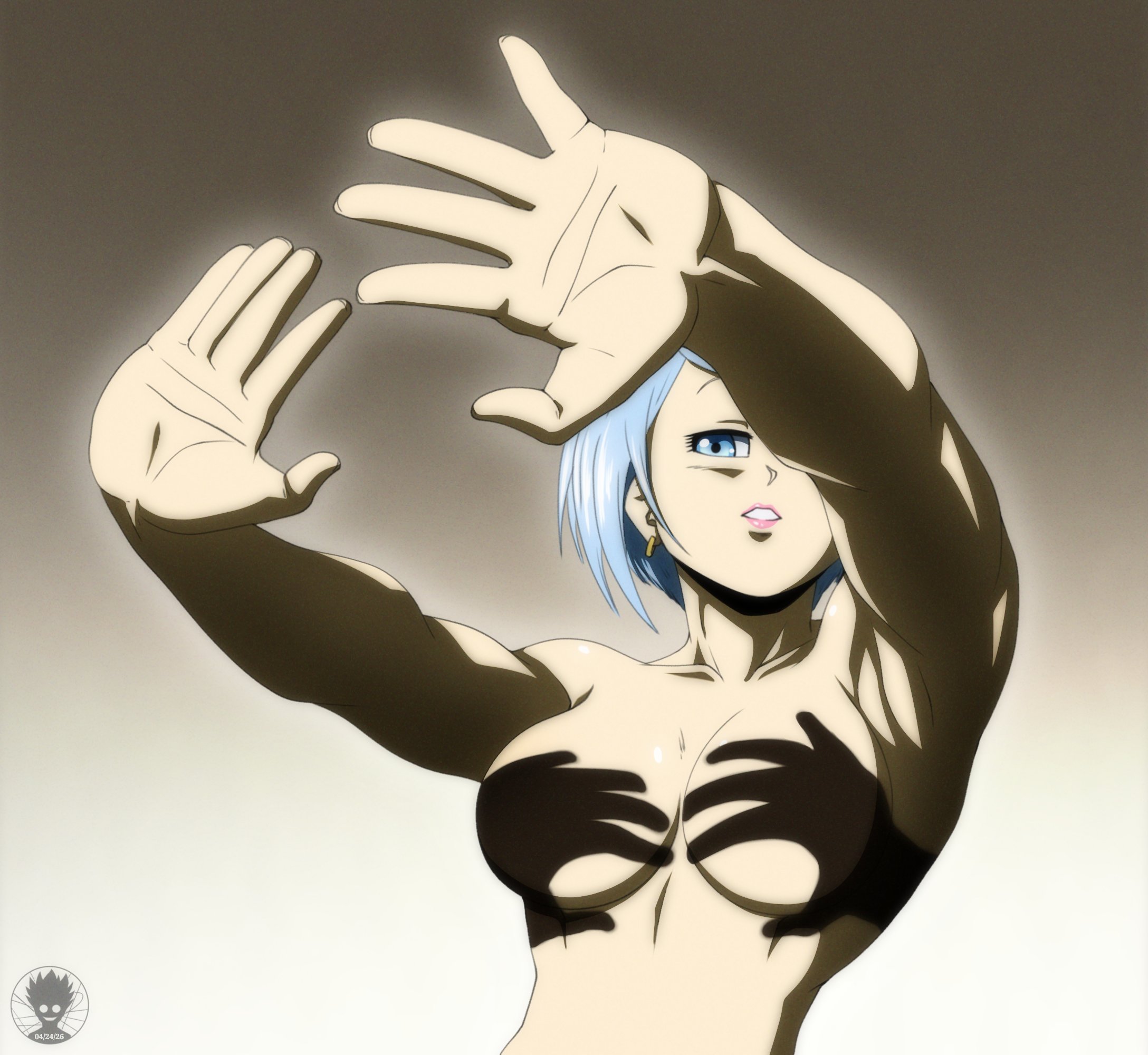 1girls, arms up, big breasts, blue eye, blue hair, breasts, bulma, bulma briefs, dragon ball, dragon ball xenoverse 3, earring, female, female only, hand shadow covering breasts (meme), hands casting shadow, meme, milf, nude, nude female, shadow, short hair, suture art, xeno bulma