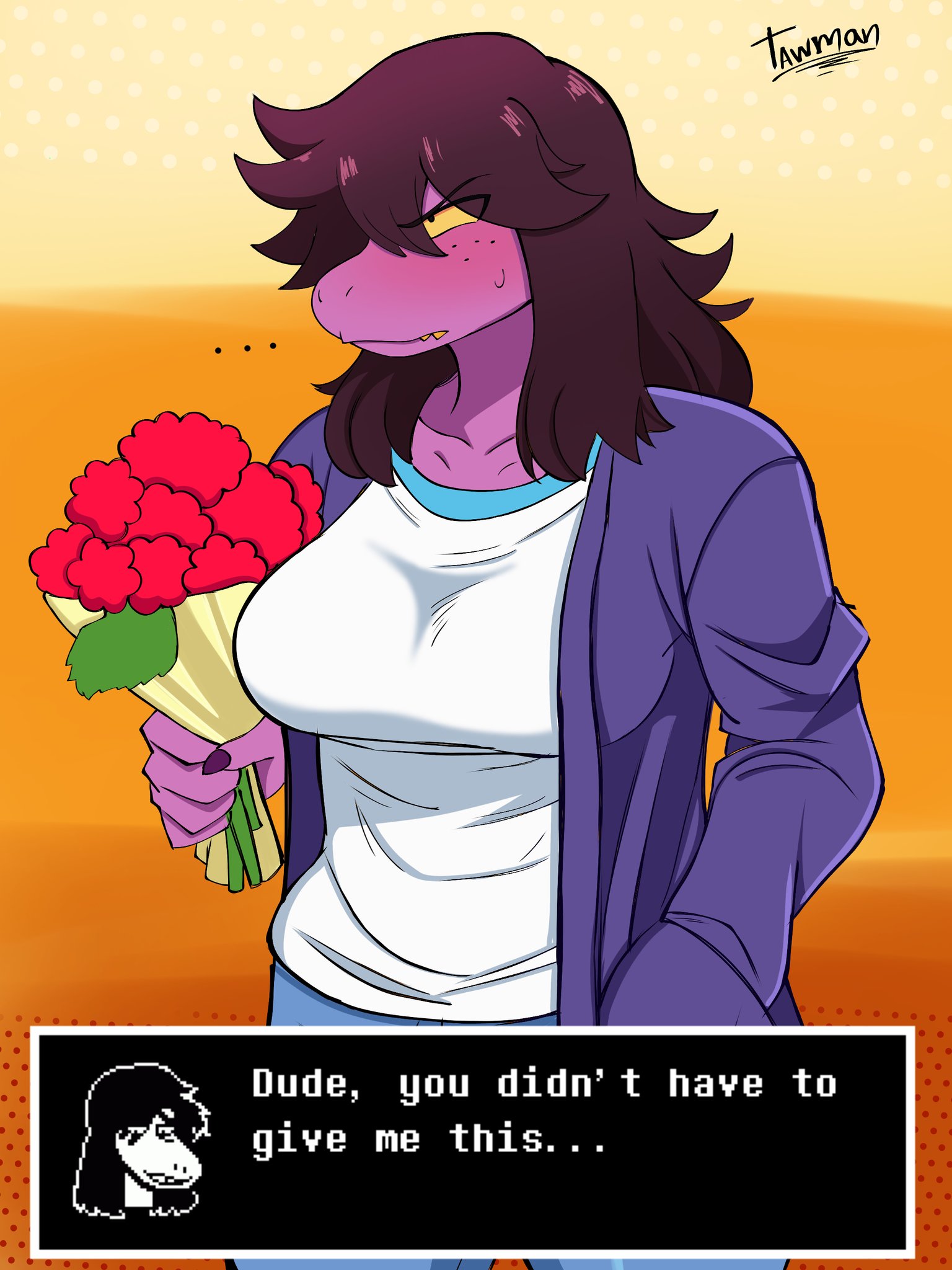 anthro, bouquet, breasts, deltarune, doodle, embarrassed, flower, lizard, questionable, reptile, ryukman, susie (deltarune), tawman art, watermark