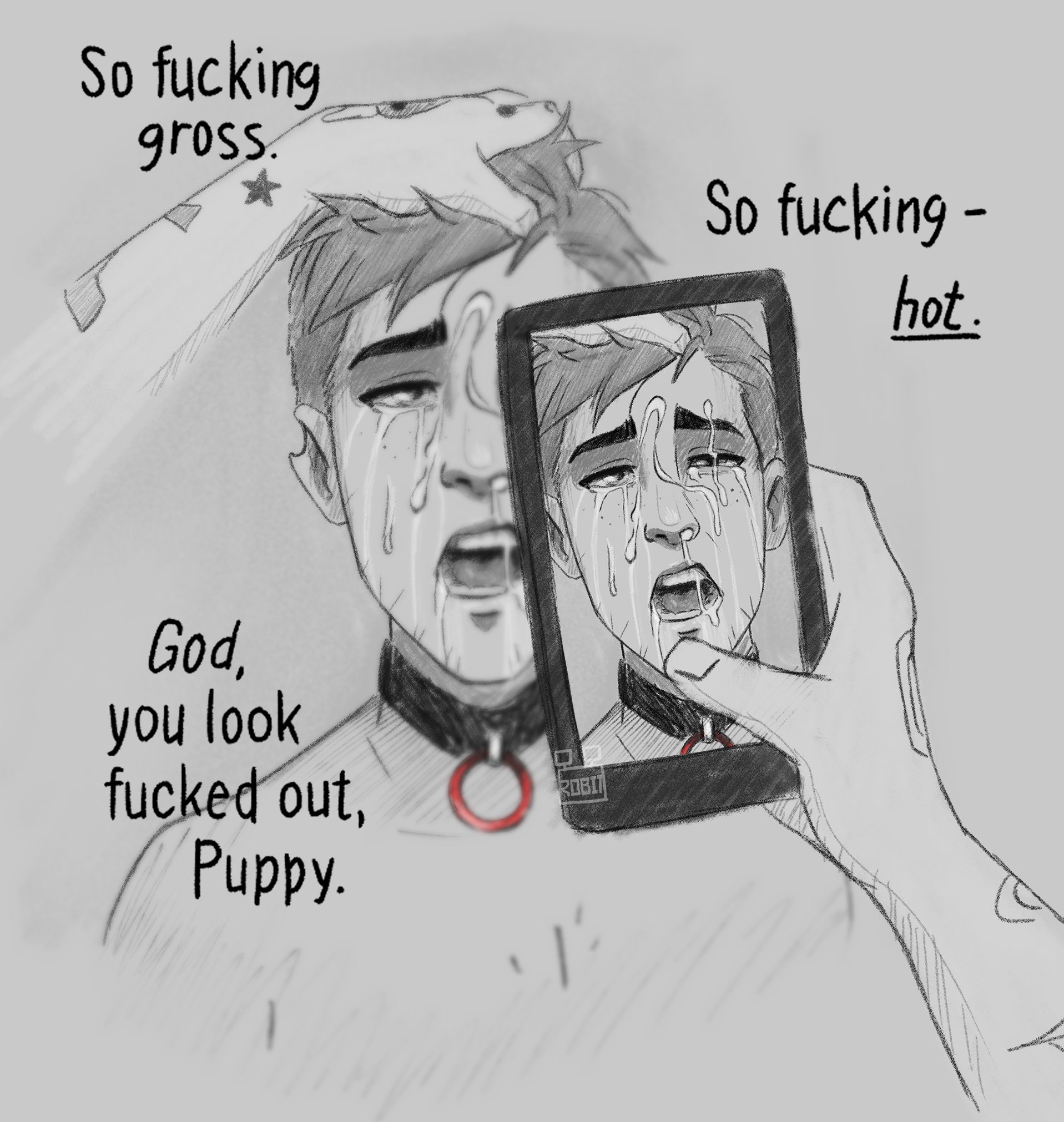 cum, cum on face, dispatch (game), face closeup, gay, grabbing head, hand tattoo, holding phone, humiliation, male, male only, no visible genitalia, robert robertson, robit leary, submissive male, toxic, yaoi