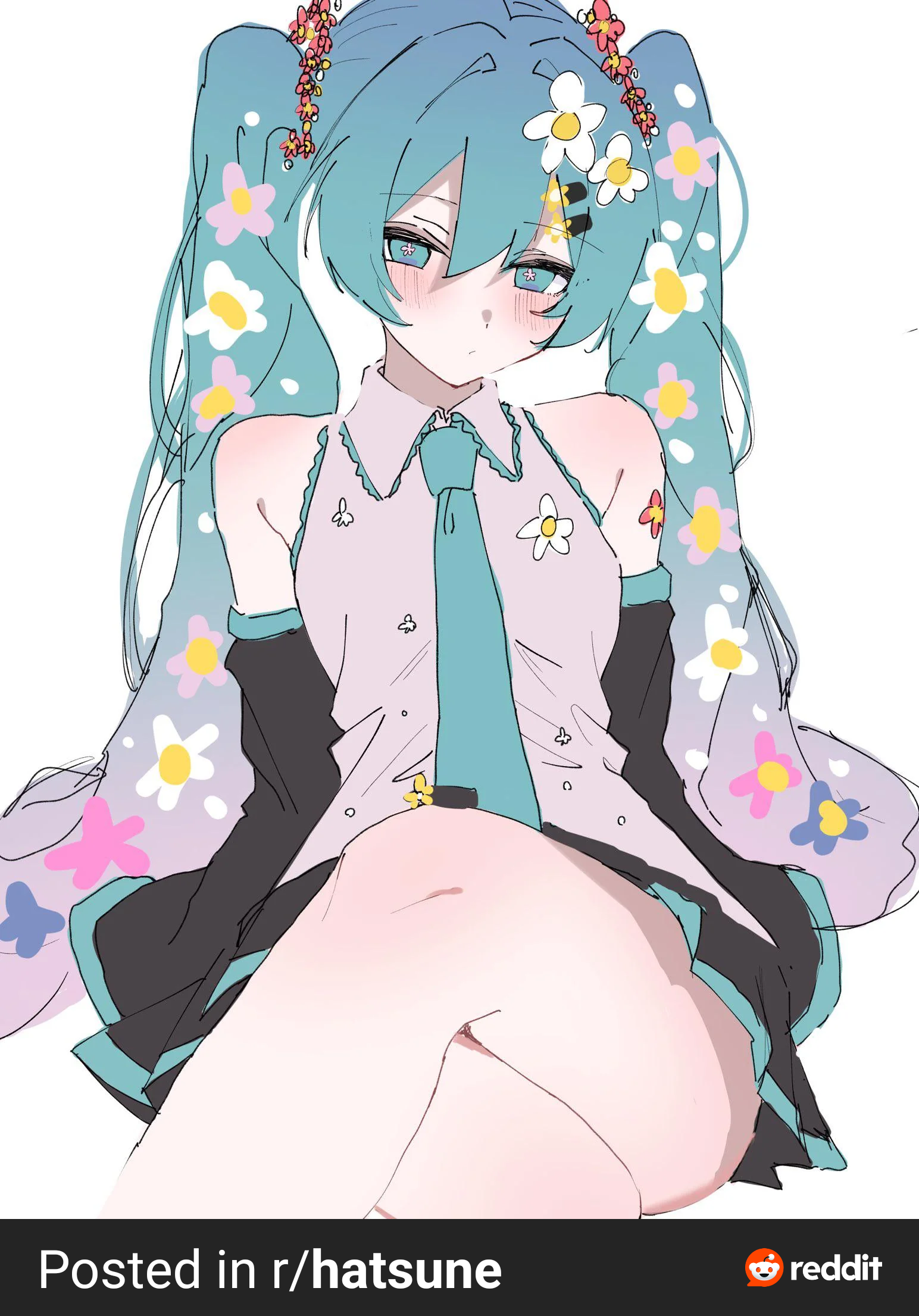 1girl, aqua eyes, aqua hair, aqua necktie, bangs, bare shoulders, black skirt, blue eyes, blue hair, blush, collared shirt, crossed legs, detached sleeves, flower, flower in hair, flowers in hair, grey shirt, hair between eyes, hair flower, hair ornament, hairclip, hatsune miku, long hair, looking at viewer, miku hatsune, multicolored hair, necktie, pleated skirt, shirt, simple background, sitting, skirt, sleeveless, sleeveless shirt, solo, tagme, twintails, very long hair, white background, white flower