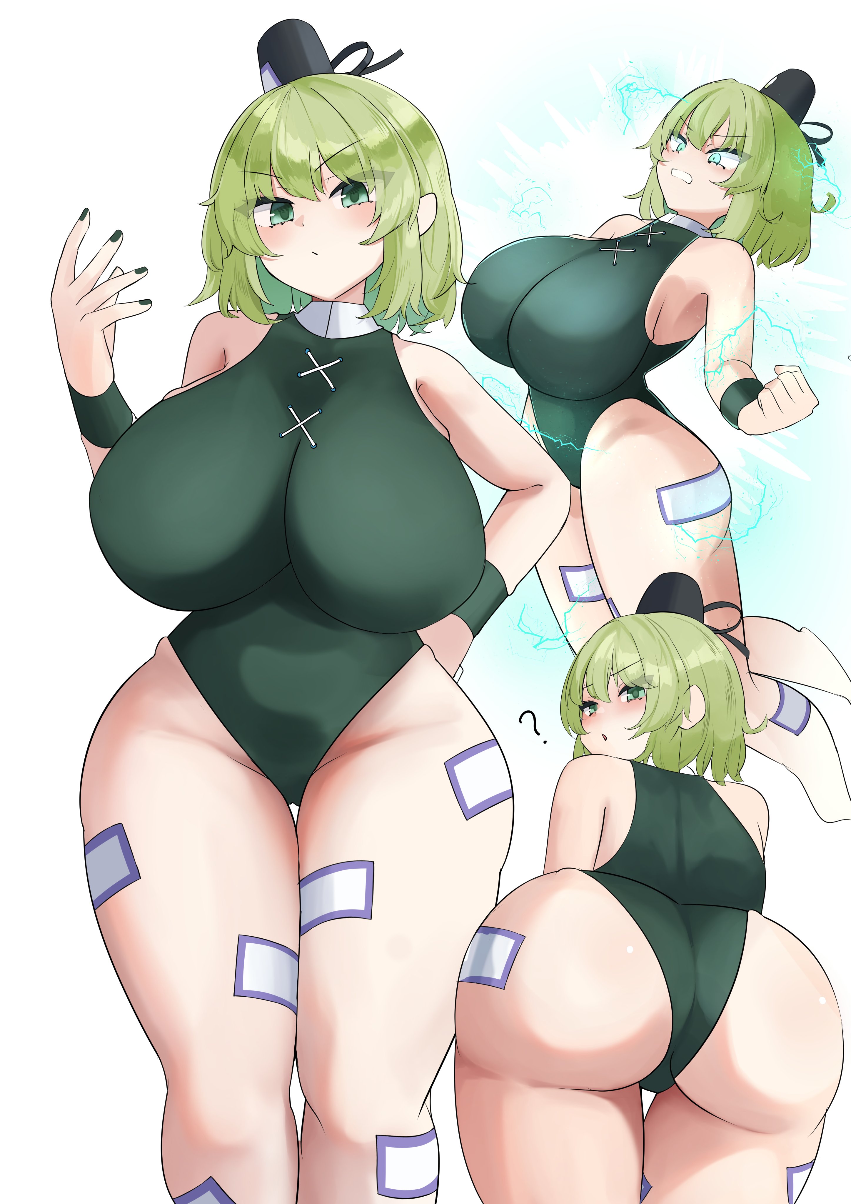 ?, ass focus, ass visible through thighs, black nails, blush, clenched hands, confused, curvy, dot mouth, fighting stance, from behind, gigantic ass, gigantic breasts, green leotard, hand on hip, leotard, lightning, looking back, multiple views, shinonome zakuro, soga no tojiko, talisman, thick thighs, touhou, v-shaped eyebrows, voluptuous, wide hips
