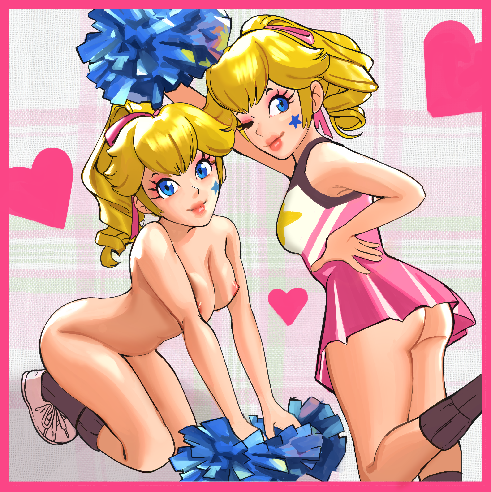 ass, black socks, blonde hair, blue eyes, border, breasts, cheerleader, closed mouth, commentary request, dress, english commentary, eyelashes, eyeshadow, facial mark, female, hair up, heart, high ponytail, highres, large breasts, makeup, mario (series), medium breasts, mixed-language commentary, multiple views, naked shoes, nintendo, nipples, nude, one eye closed, pink border, pink dress, pink eyeshadow, pink lips, pom pom (cheerleading), princess peach, shoes, short dress, socks, star (symbol), star facial mark, sunbeam (artist), white shoes