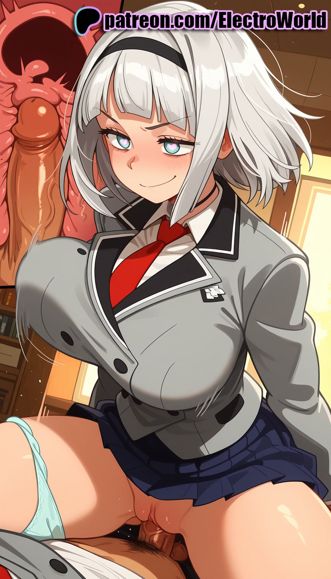 1boy, 1girls, 2026, ai generated, anna nishikinomiya, artist name, blush, breasts, bust, cervix, chest, clitoral hood, clothed sex, cock, cowgirl position, cross section, cum, cum in pussy, deep penetration, desk, dick, ejaculation, electroworld, exposed pussy, eyebrows visible through hair, female, fucking, hairband, heart, heart-shaped pupils, hi res, high quality, high resolution, highres, intercourse, internal cumshot, juicy pussy, legs apart, legs spread, love making, necktie, open legs, panties, panties around one leg, patreon, patreon username, penetration, penis, pussy, sex, sexual intercourse, shimoneta to iu gainen ga sonzai shinai taikutsu na sekai, skirt, smile, solo focus, splayed legs, spread legs, stable diffusion, straddling, straight, symbol-shaped pupils, testicles, tight pussy, uncensored, underwear, uterus, vagina, vaginal penetration, watermark, x-ray