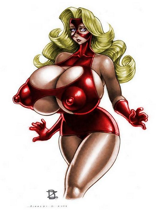 1girls 2006 ac_comics bimbo blonde_hair blue_eyes breasts busty cleavage eyeshadow femforce huge_breasts lipstick makeup red_dress rinaldi silvia_synn synn_(femforce) voluptuous