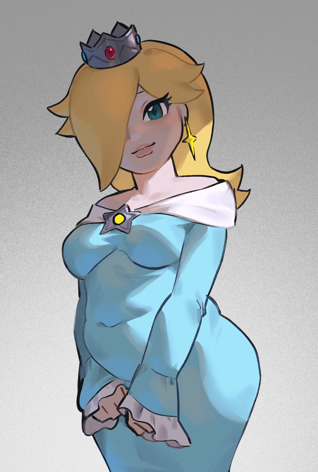 big breasts, blonde hair, blue dress, blue eyes, breasts, brooch, commentary, covered navel, cowboy shot, crown, dress, earrings, english commentary, eyelashes, female, gradient background, grey background, hair over one eye, highres, jewelry, large breasts, long hair, long sleeves, looking at viewer, mario (series), mom bod, navel, nintendo, off shoulder, off-shoulder dress, perepoire, plump, princess rosalina, rosalina, smile, solo, standing, star earrings, wide hips, wide sleeves