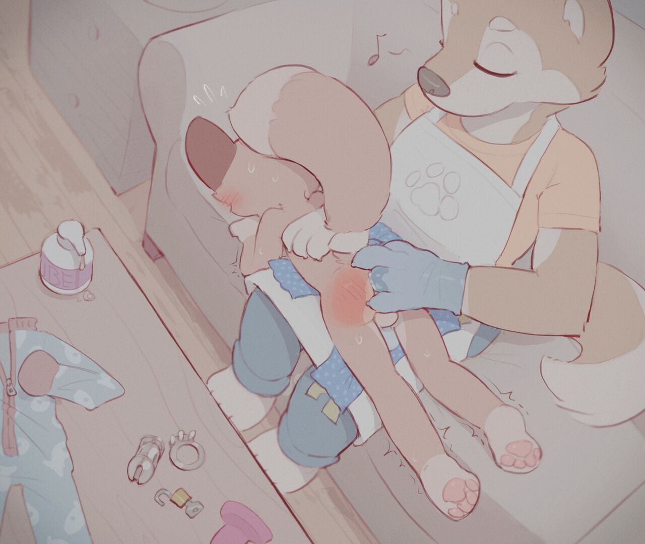 1boy1girl, 2025, chastity cage, cub, fingering ass, furry, glove, happy female, humming, lube, male, male cub, male focus, mother and son, naked, on lap, pleasure, red cheeks, sex toy, skidoo