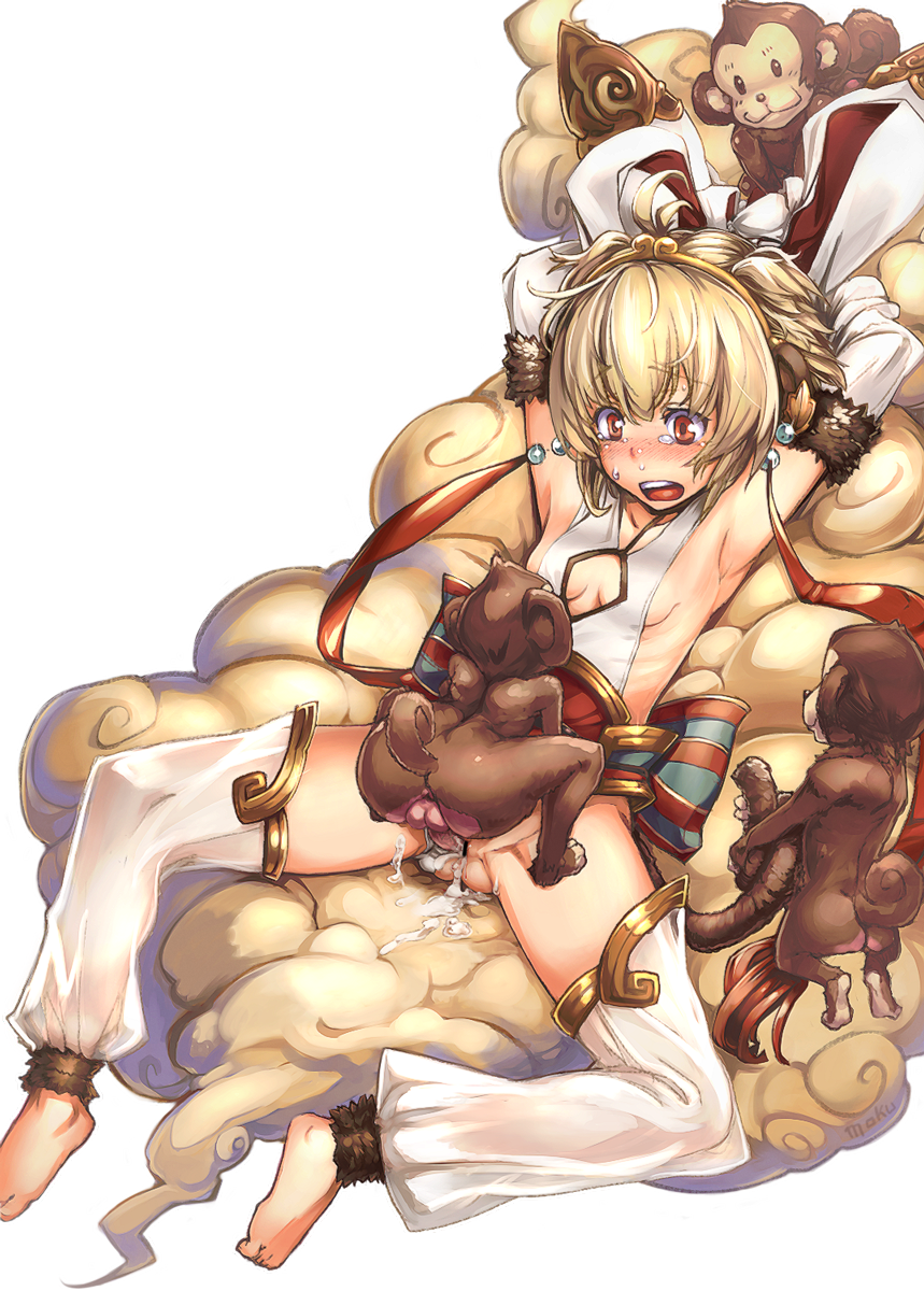 anchira_(granblue_fantasy) armpits arms_behind_head barefoot blonde_hair blush breasts cleavage cleavage_cutout cum cum_in_pussy feet female granblue_fantasy highres moku_(racie45bv) monkey monkey_tail open_mouth red_eyes sex short_hair simple_background tail tears testicles white_background zoophilia