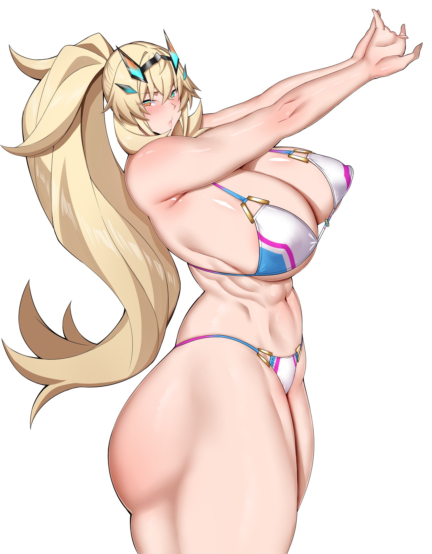 1girls, abs, arind yudha, arms up, barghest (gawain) (fate), barghest (swimsuit archer) (final ascension) (fate), big breasts, bikini, bikini top, blonde hair, blush, bottomwear, breasts, cleavage, fate (series), female, female only, green eyes, hair, heterochromia, huge breasts, large breasts, muscles, muscular, muscular female, orange eyes, ponytail, side view, sideboob, solo, solo female, stretching, thick thighs, thighs, tied hair, topwear, white bikini