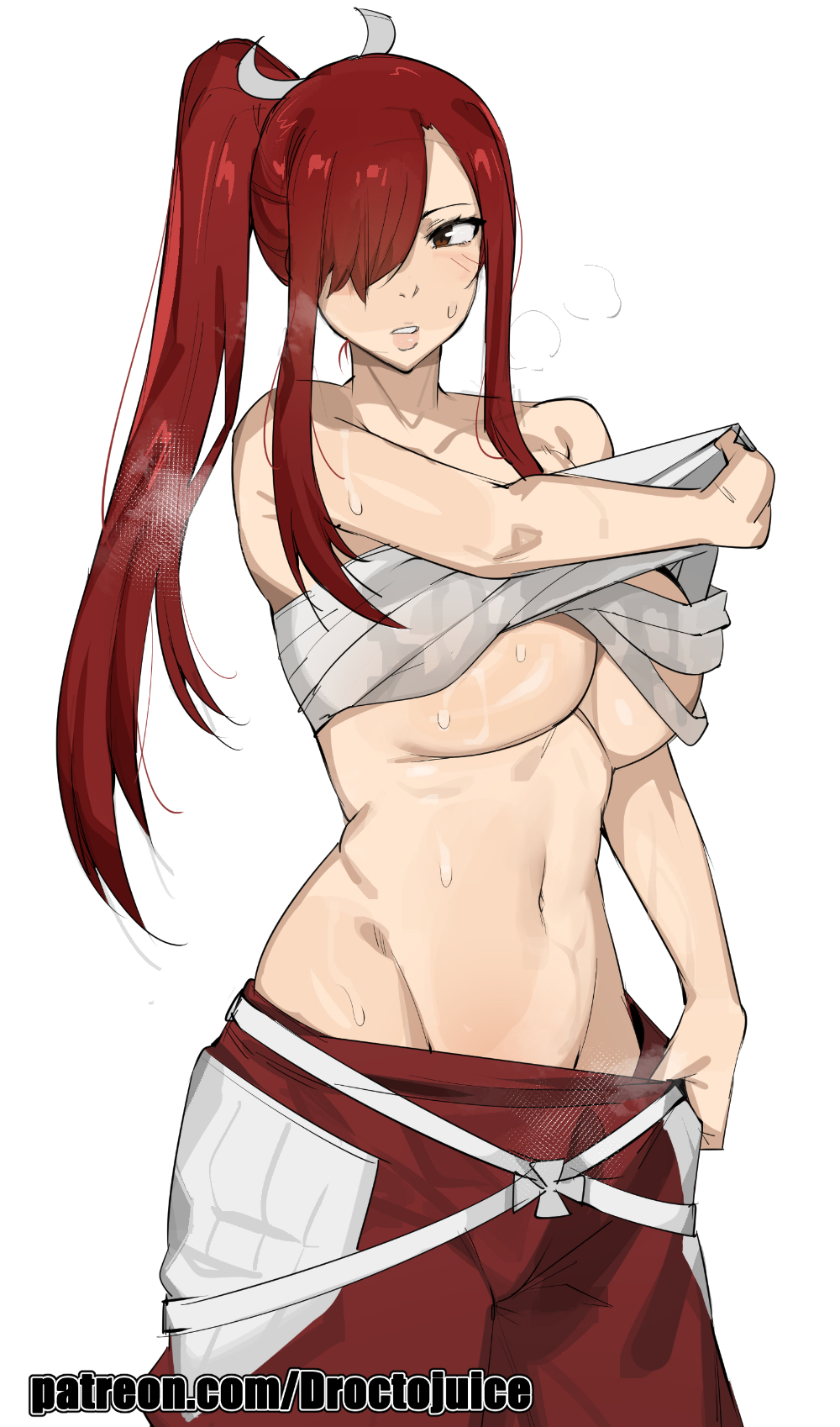1girls, artist name, bare shoulders, big breasts, bobtheneet, breasts, chest sarashi, cleavage, collarbone, commentary, dr octojuice, elijahzx, english commentary, erza scarlet, fairy tail, female, hair over one eye, hair up, high ponytail, highres, large breasts, long hair, long sidelocks, navel, official alternate costume, pants, patreon username, ponytail, red hair, red pants, red-haired female, sarashi, sidelocks, simple background, solo, standing, sweat, sweaty breasts, underboob, undressing, unwrapping, web address, white background