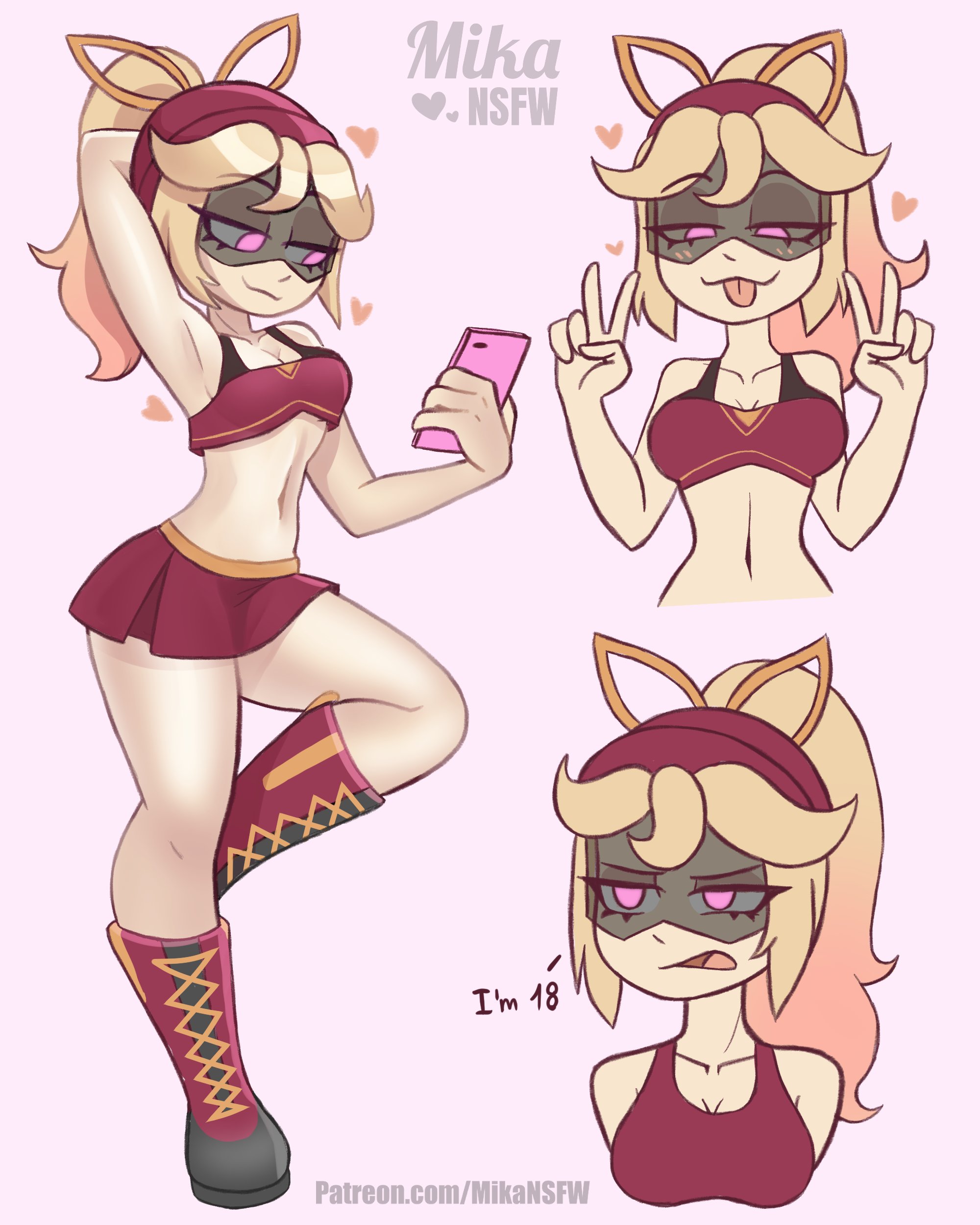 1girls, artist name, artist signature, blonde hair, blush, blushing female, breasts, cleavage, clothed, clothing, curvaceous, curvy female, curvy figure, curvy hips, dialogue, female only, fully clothed, glitch productions, heart, hips, holding phone, human, humanized, lizzy (murder drones), long hair, mikansfw, murder drones, phone, pink eyes, ponytail, skirt, solo, solo female, thighs, tongue out