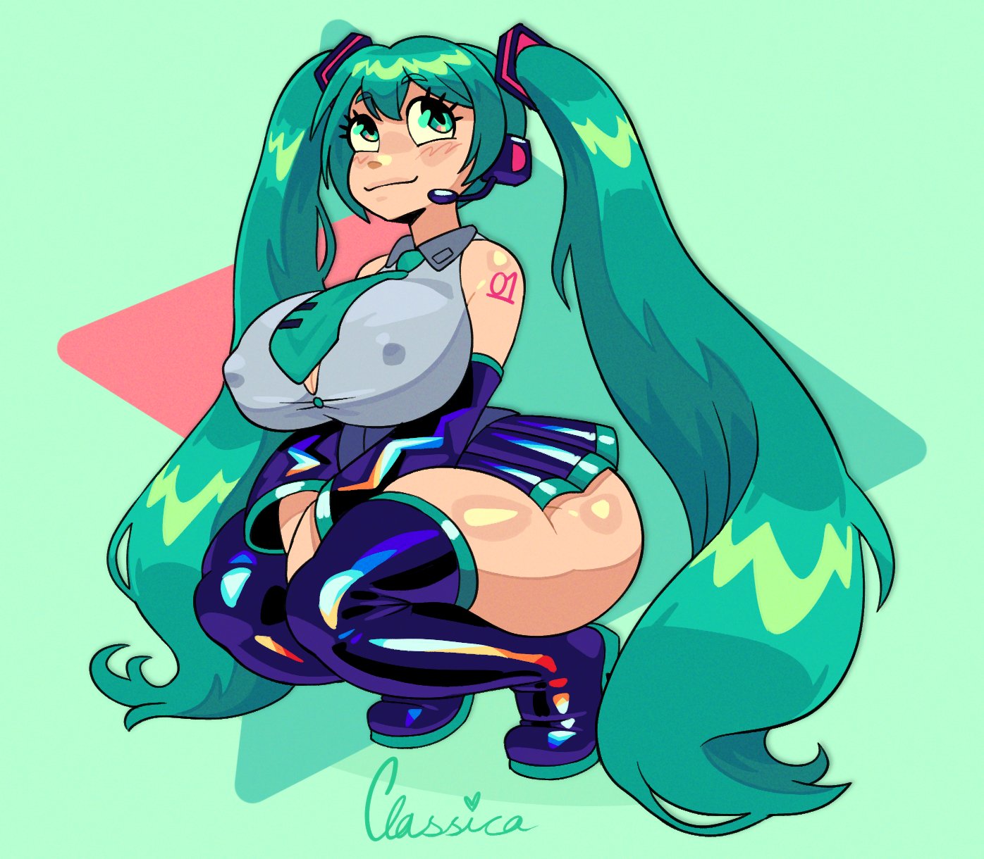 1girl, 1girls, 2026, alternate breast size, aqua eyes, aqua hair, aqua necktie, armwear, artist name, artist signature, bare shoulders, big breasts, big hair, big thighs, blue hair, blush, boots, breasts, classica p, clothed, clothed female, clothing, covered nipples, cute, detached sleeves, eyelashes, female, green hair, grey shirt, hair, hatsune miku, headset, huge breasts, huge thighs, large breasts, large thighs, light skin, light-skinned female, long hair, microphone, necktie, nipple bulge, nipples, nipples visible through clothing, shirt, skirt, smile, solo, squatting, thick thighs, thigh boots, thighhighs, thighs, tie, tight clothing, twintails, twitter link, very long hair, vocaloid, voluptuous, voluptuous body, voluptuous female
