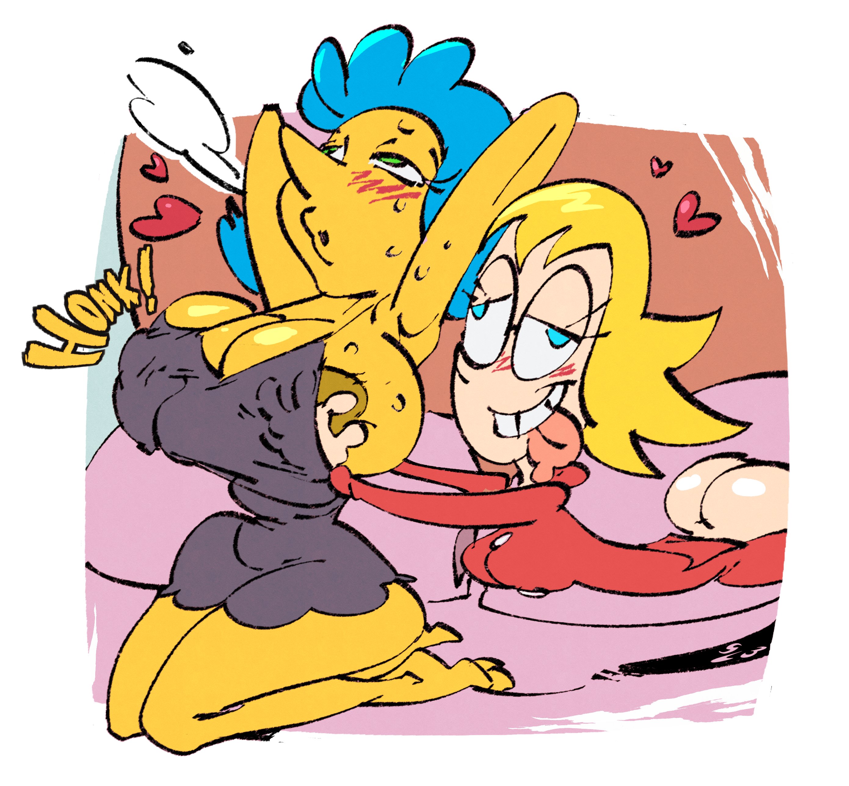 2d, 2d (artwork), 2d artwork, 2girls, ass, bed, bedroom, big breasts, blonde hair, blue eyes, blue hair, breasts, brianne, canon couple, grabbing, grabbing breasts, grabbing from behind, groping, groping breasts, groping from behind, huge breasts, large breasts, lesbian, lesbian couple, leslie muto, light skin, light-skinned female, slb, wacky lesbian hour, yellow body, yellow skin, yuri