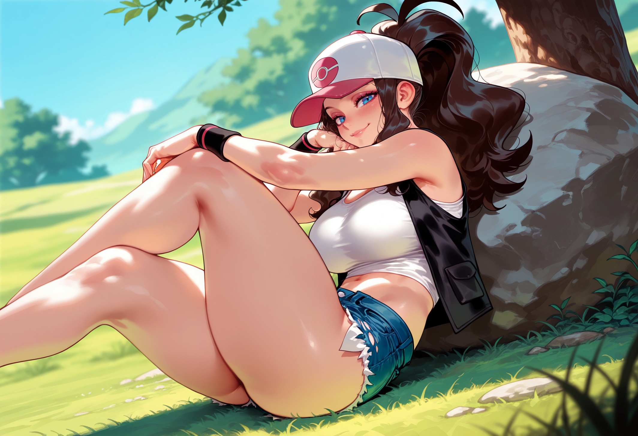 1girls, ai generated, alternate breast size, antenna hair, balecxi, bare arms, bare legs, bare shoulders, black vest, blue eyes, blue shorts, blue sky, blush, breasts, brown hair, closed mouth, clothing, crop top, crossed legs, curly hair, curvaceous, curvaceous female, curvaceous figure, curvy, curvy figure, cutoffs, day, denim, denim shorts, exposed pocket, feet out of frame, female, female focus, female only, grass, hair through headwear, hat, headwear, high ponytail, hilda (pokemon), inviting, knee up, large breasts, legs, lips, long hair, looking at viewer, micro shorts, midriff, navel, on grass, on ground, open clothes, open vest, outdoors, pokemon, pokemon bw, ponytail, presenting, presenting ass, presenting breasts, presenting hindquarters, presenting self, rock, seductive, seductive look, seductive smile, shiny skin, shirt, short shorts, shorts, sidelocks, sitting, sitting on rock, sky, sleeveless, sleeveless shirt, smile, solo, tank top, taut clothes, thick thighs, thighs, tree, vest, voluptuous, voluptuous female, white shirt, white tank top, wristband