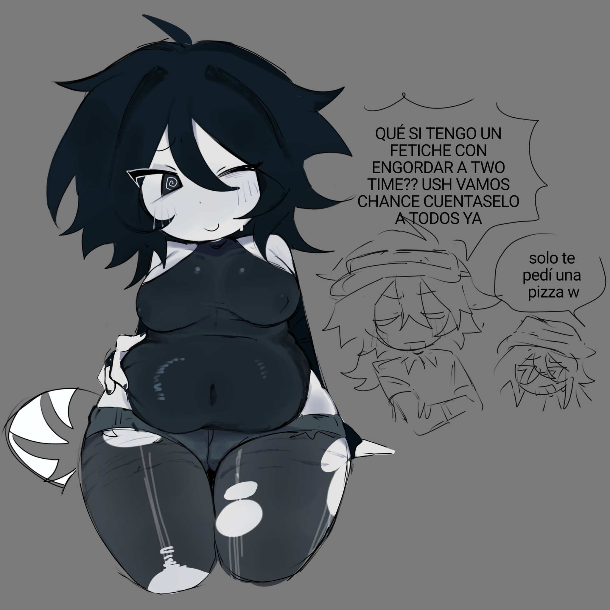 belly button visible through clothing, breasts, chance (forsaken), chubby, dialogue, elliot (forsaken), forsaken (roblox), leotard, nipple bulge, pants, ripped clothing, roblox, roblox game, robloxian, solo focus, spanish text, stomach, tagme (artist), text, two time