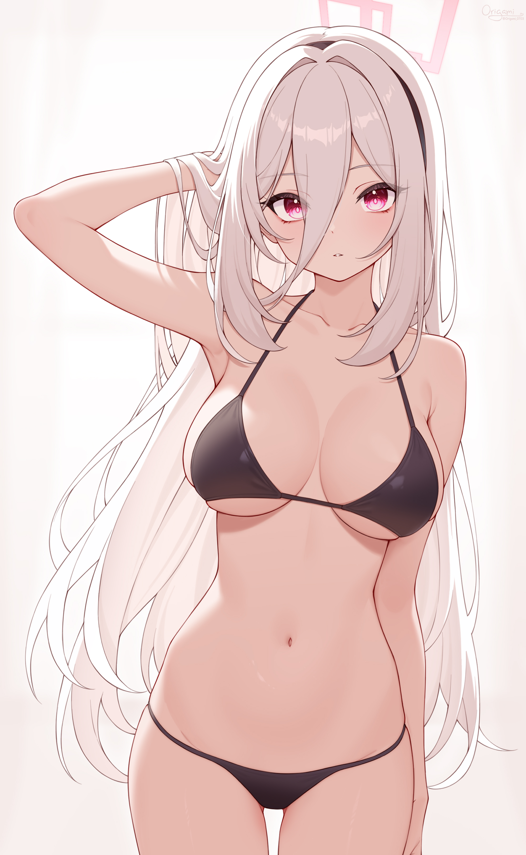 1girls, absurdres, adjusting hair, alternate breast size (larger), alternate costume, bikini, black bikini, black hairband, blue archive, breasts, collarbone, commentary, female, hair lift, hairband, hand in own hair, highres, kei (blue archive), kei (new body) (blue archive), large breasts, long bangs, long hair, navel, origami (poinia), parted lips, pink eyes, sideboob, solo, stomach, swimsuit, underboob, very long hair, white hair