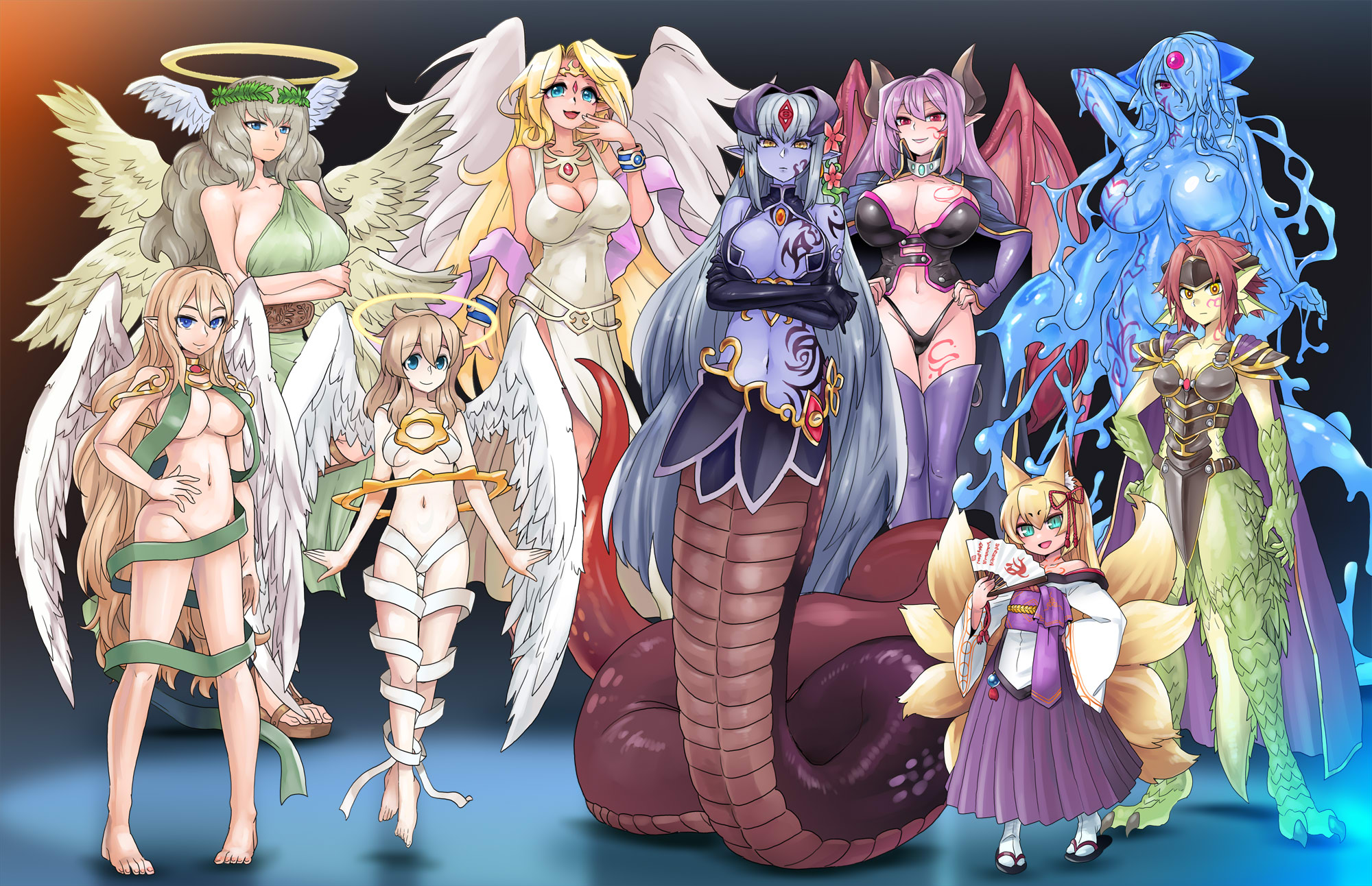 581 (gohai), 9girls, alice (mon-musu quest!), alipheese fateburn xvi, alma elma, angel, before transformation, dragon girl, erubetie, fox ears, fox girl, granberia, ilias, kitsune, lamia, lucifina (mon-musu quest!), mechanization, micaela (mon-musu quest!), mon-musu quest: paradox, mon-musu quest!, monster girl, monster girl quest, monster girl quest paradox, multiple girls, robotization, seraph eden, slime girl, succubus, succubus wings, tagme, tamamo (monster girl quest), transformation