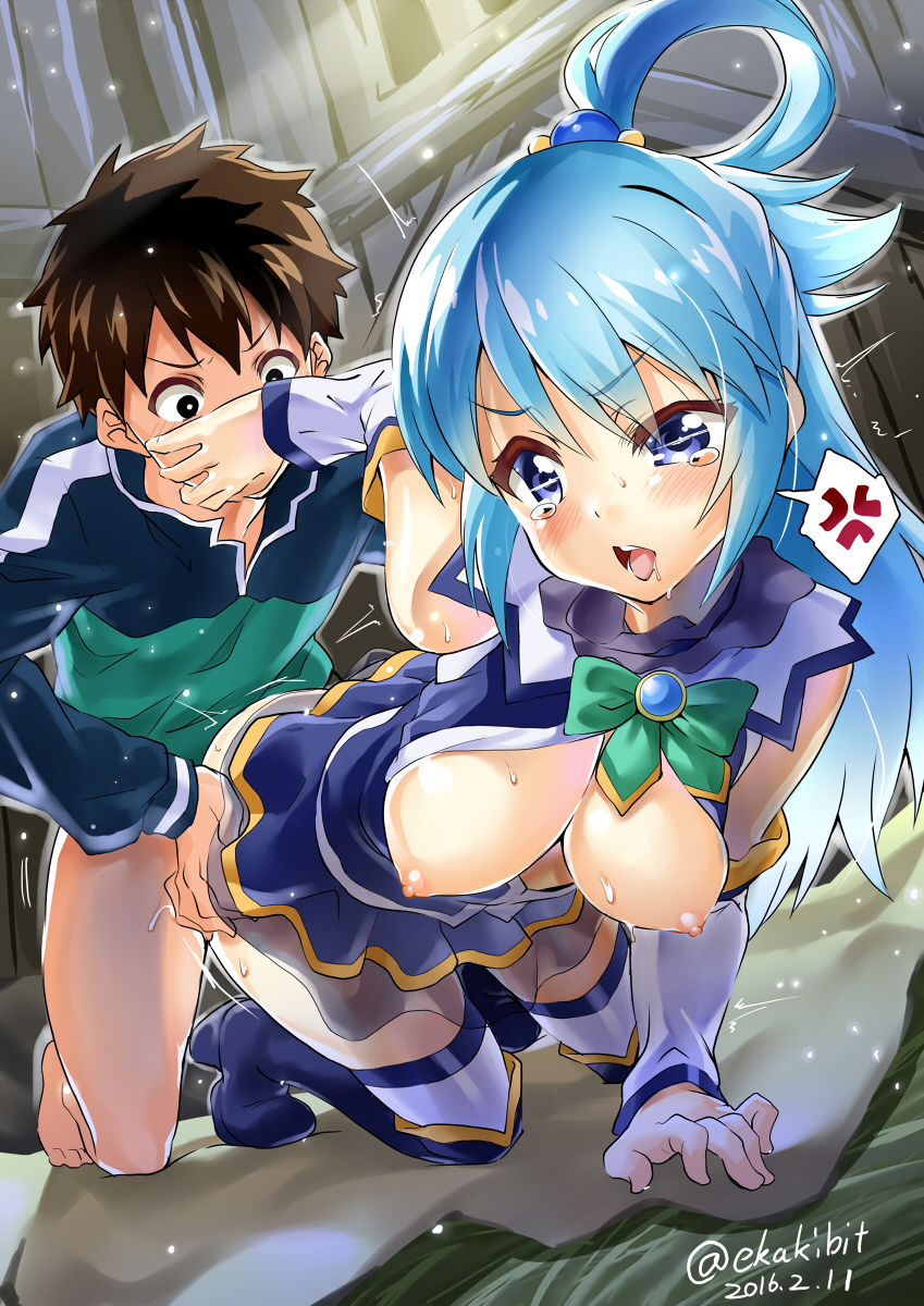 1boy aqua_(konosuba) blue_eyes blue_hair blush boots breasts breasts_out brown_hair clothed_sex dated doggy_style ekakibito female heel_boots high_heel_boots highres kono_subarashii_sekai_ni_shukufuku_wo! long_hair nipples open_mouth satou_kazuma sex short_hair straight tears thigh_boots thighhigh_boots twitter_username