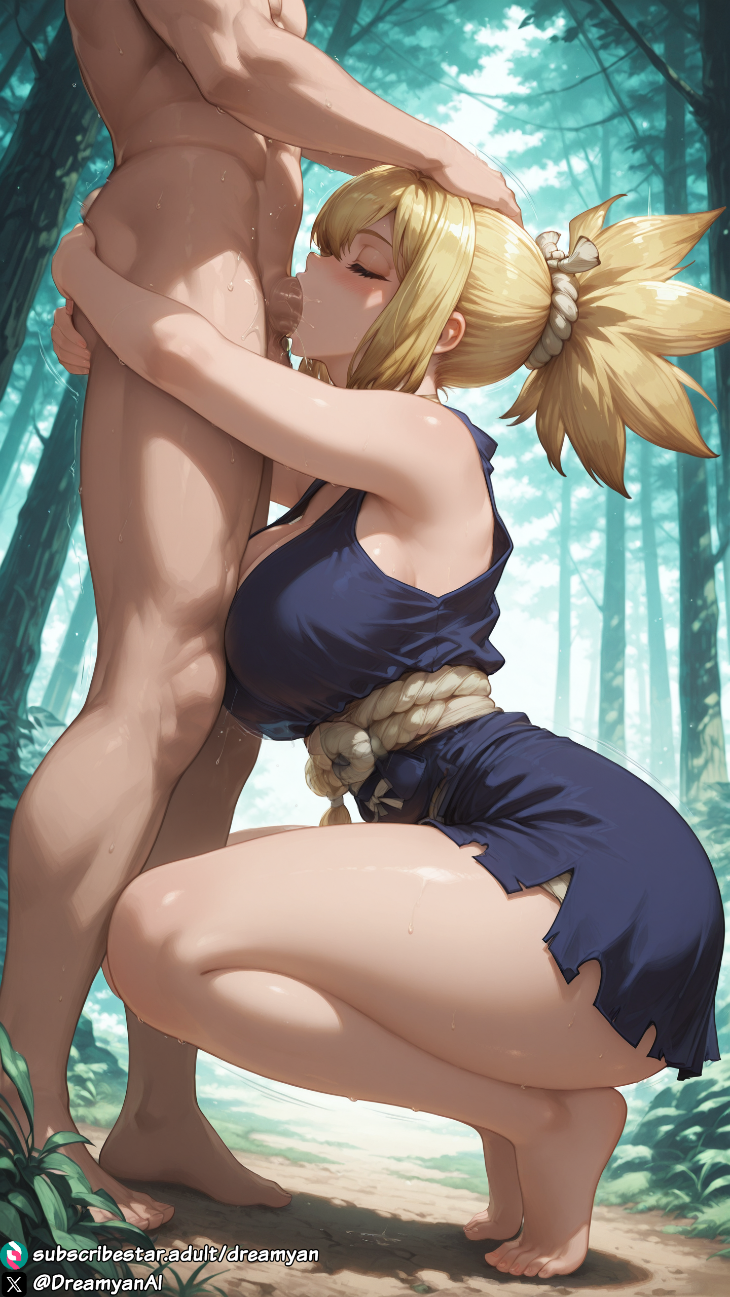 1girls, ai generated, bare legs, bare shoulders, bare thighs, barefoot, big breasts, blonde female, blonde hair, blowjob, blue eyes, breasts, cavewoman, closed eyes, clothed, clothed female, curvy, curvy body, curvy female, deepthroat, dr.stone, dreamyan ai, feet, fellatio, forest, from side, full body, hi res, high quality, high resolution, highres, hug, hugging, kohaku (dr.stone), large breasts, oral, oral sex, outdoors, pleasure face, short hair, squatting, sucking, sucking penis, thick ass, thick thighs, thighs, toes, uncensored