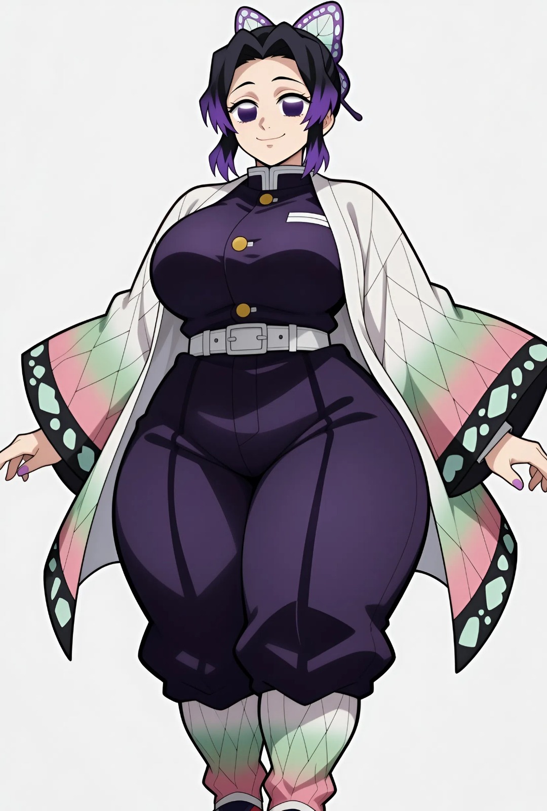 1girls, ai generated, big ass, big breasts, big butt, brasil louco, bubble ass, bubble butt, demon slayer, female, female only, front view, full body, fully clothed, huge breasts, kochou shinobu, looking at viewer, seductive, seductive look, seductive smile, shinobu, simple background, solo, solo female, solo focus, tagme, white background
