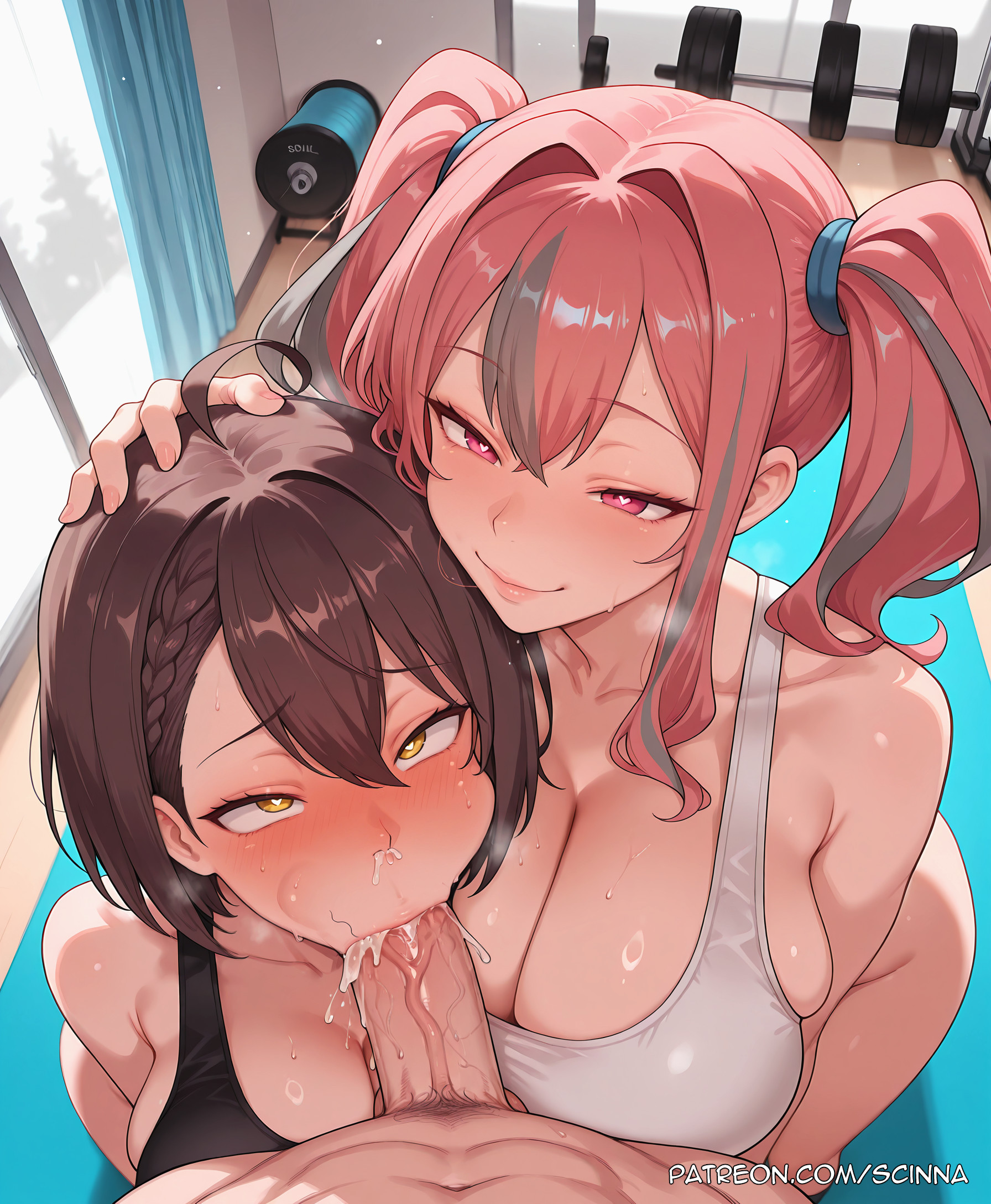1boy, 2girls, ahoge, ai generated, azur lane, baltimore (azur lane), bangs, blush, breasts, bremerton (azur lane), cum, curtains, curvaceous, curvaceous body, curvy, curvy body, curvy female, fellatio, female, hair between eyes, hair intakes, heart, large breasts, looking at viewer, multicolored hair, oral, penis, pink hair, pov, saliva, scinna, self upload, short hair, sports bra, stable diffusion, straight, swimsuit, tongue, tongue out, voluptuous, voluptuous body, voluptuous female, yellow eyes