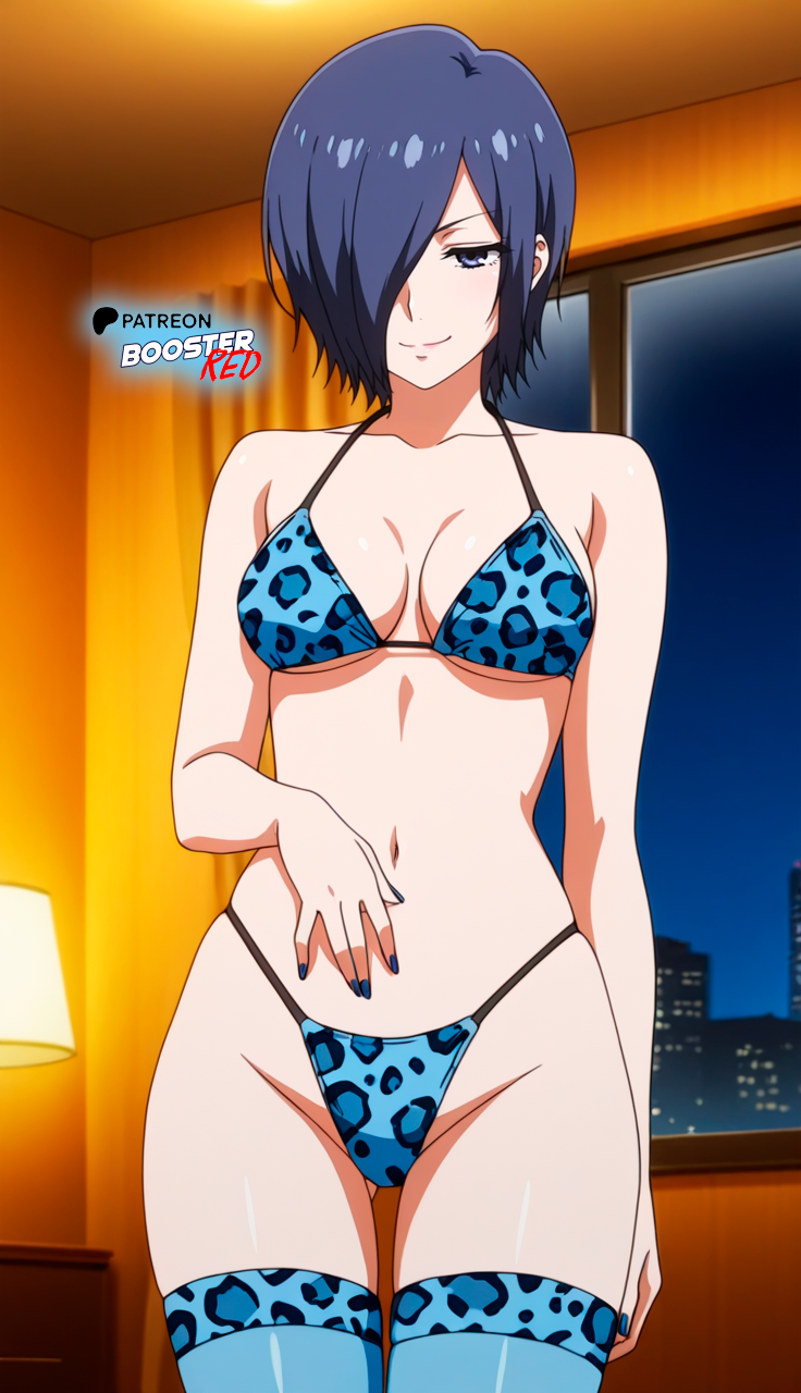 1girls, ai generated, bikini, bikini top, blue bikini, blue eyes, blue hair, blue nails, blue thigh highs, blue thighhighs, boosterred99, female, female only, indoors, kirishima touka, leopard print, leopard print bikini, medium breasts, nails, short hair, solo, tagme, thick thighs, thighhighs, thong bikini, tokyo ghoul