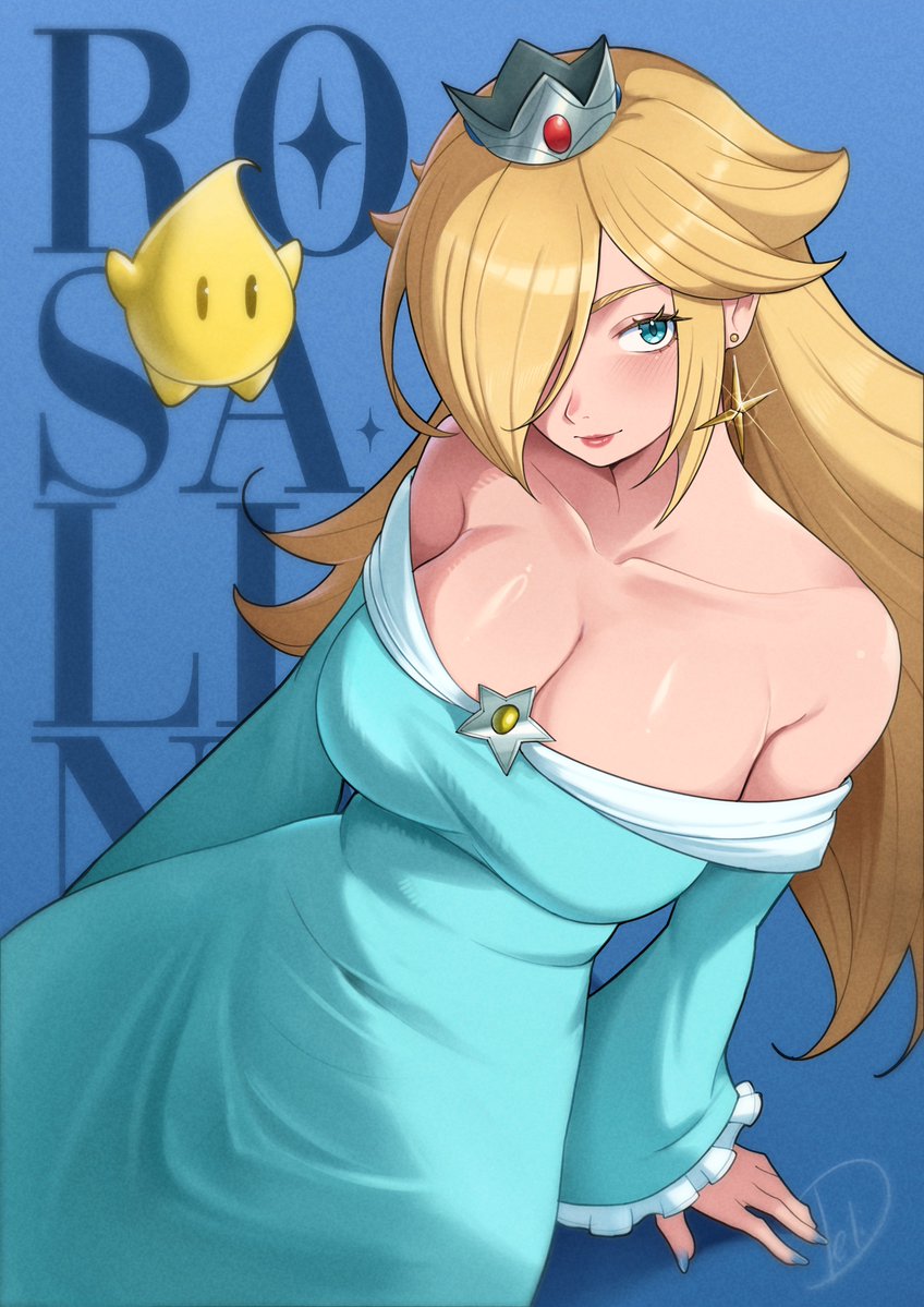 alternate breast size (larger), aqua dress, bare shoulders, blonde hair, blue eyes, breasts, brooch, cleavage, collarbone, commentary, crown, dress, earrings, english commentary, female, hair over one eye, jewelry, large breasts, long hair, long sleeves, luma, mario (series), nintendo, nintendodeliciousbrain, off shoulder, off-shoulder dress, princess rosalina, rosalina, signature, star (symbol), star brooch, star earrings, text background