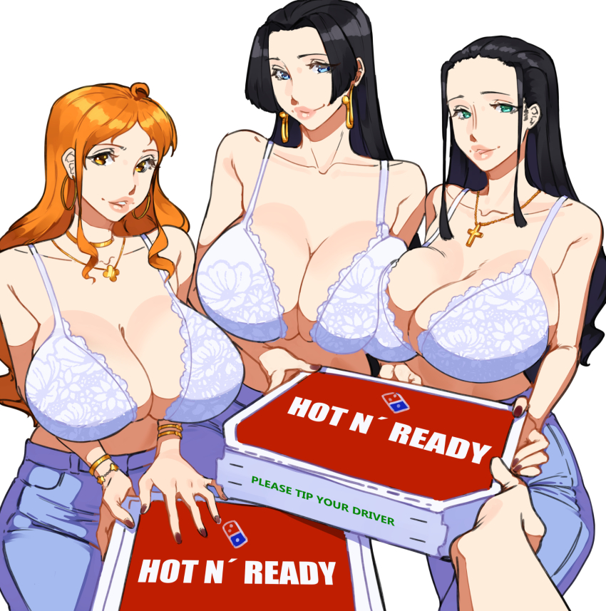 3girls, 47 hard, black hair, boa hancock, bra, breasts, cleavage, dominos, female, female only, huge breasts, large breasts, long hair, nami (one piece), nico robin, one piece, orange hair, pizza, pizza box, pizza delivery, trio, underwear