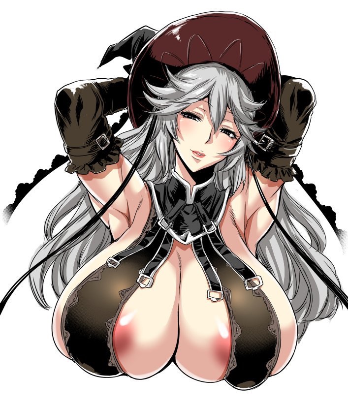 areola slip, armpits, arms behind head, breasts, elbow gloves, female, granblue fantasy, huge breasts, long hair, looking at viewer, magisa (granblue fantasy), musashino sekai, red eyes, silver hair, smile, solo