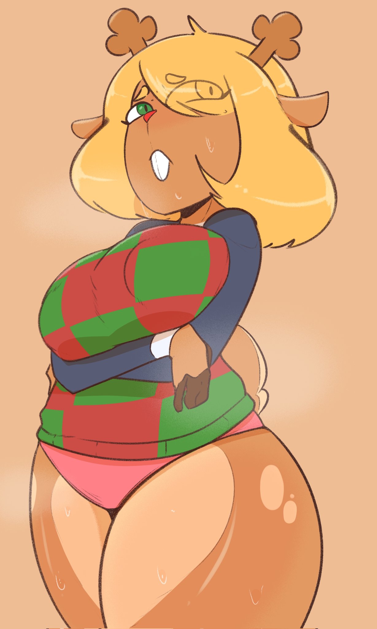2025, anthro, anthro female, antlers, arms under breasts, arms up, big breasts, big thighs, blonde female, blonde hair, breasts, brown body, buckteeth, deer, deer ears, deer girl, deltarune, furry, furry female, green eyes, hair between eyes, hair over one eye, huge breasts, huge thighs, large breasts, large thighs, nipple bulge, nipples, nipples visible through clothing, no bottomwear, noelle holiday, panties, severingaxis183, solo, sweat, sweatdrop, sweating, tails, thick thighs, thighs, twitter link, undertale (series), underwear
