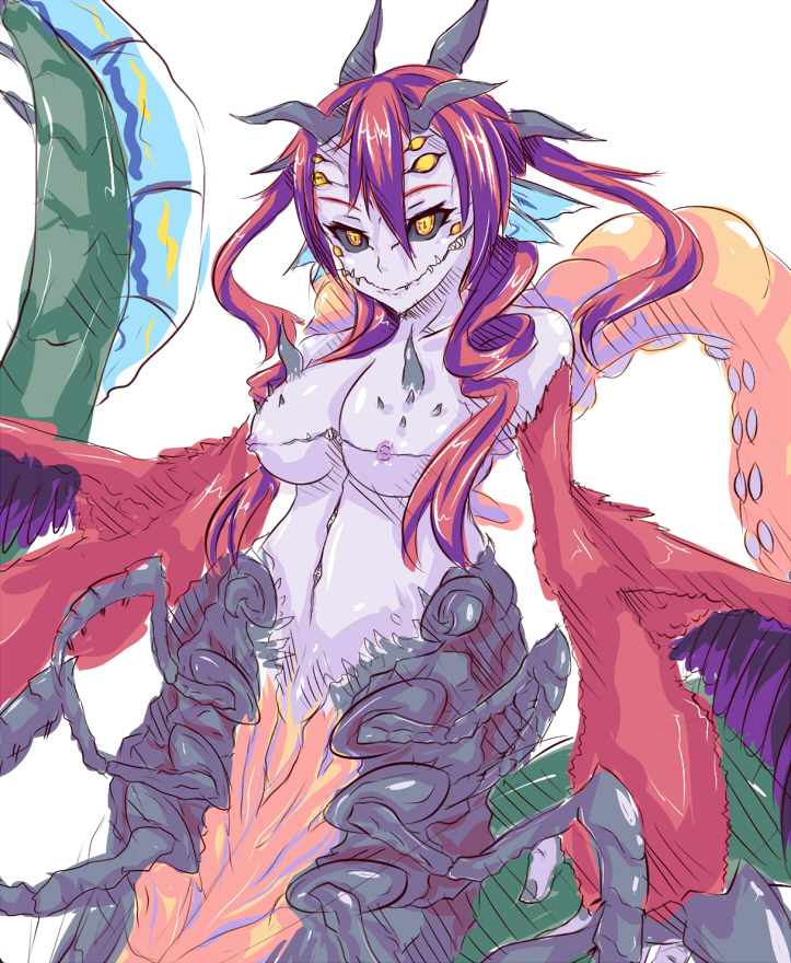 black_sclera breasts dunceneygak horn horns insect_girl large_breasts monster_girl multi_ear multi_eye multi_horn multi_leg multi_limb nipples red_hair tail taur yellow_eyes