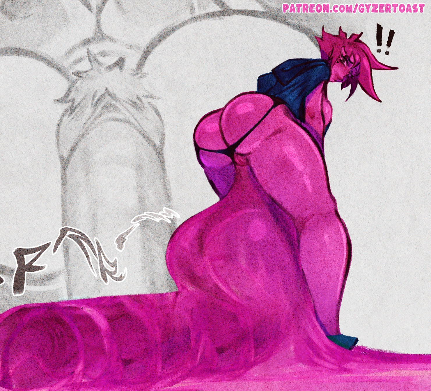 1futa, areola slip, areolae, ass, ball growth, balls, balls bigger than torso, blue eyes, breasts, breasts bigger than head, breasts out, choker, cock ring, cum, cum on penis, futa only, futanari, gigantic penis, gyzertoast, heart-shaped pupils, heavy penis, hourglass figure, huge balls, huge cock, hyper balls, hyper genitalia, hyper penis, large ass, large breasts, looking back, looking back at penis, nipple pasties, panties, pasties, penis, penis bigger than body, penis bigger than torso, penis growth, penis in pussy, pink hair, pink skin, post orgasm, pubic hair, pussy, shocked expression, sophie (gyzertoast), spiky hair, testicles, thick thighs, thin waist, vagina, vaginal penetration, wide hips
