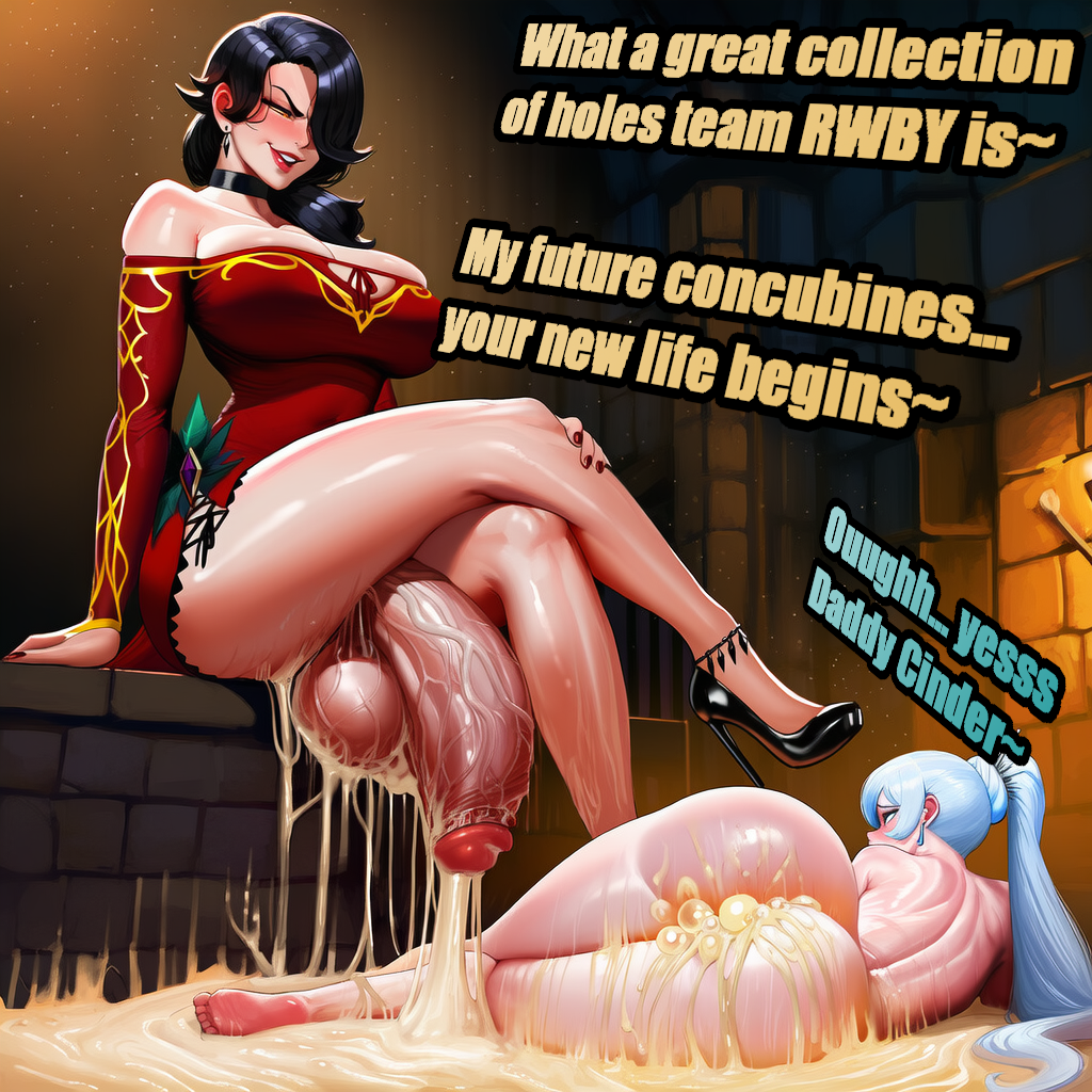 1futa, 1girls, after sex, ai generated, ass, balls, big balls, big penis, big testicles, breasts, cinder fall, crossed legs, curvaceous, curvaceous body, curvaceous female, curvy, daddy, daddy kink, english text, evil grin, excessive cum, female, flaccid, futa daddy, futa on female, futadom, futanari, high heels, huge balls, huge cock, huge testicles, large breasts, large cock, large testicles, noobygen, rwby, text, veiny penis, voluptuous, weiss schnee