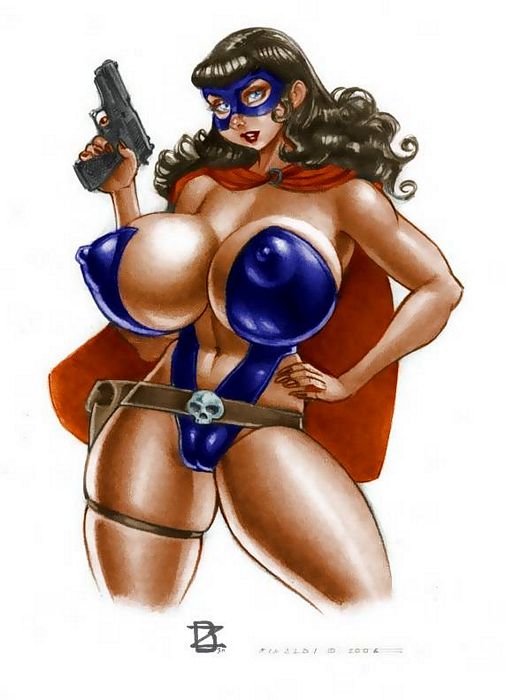 1girls 2006 ac_comics bimbo blue_bulleteer breasts busty cape cleavage eyeshadow femforce handgun holster holster_garter hourglass_figure huge_breasts laura_wright lipstick makeup nipple_bulge rinaldi superheroine voluptuous