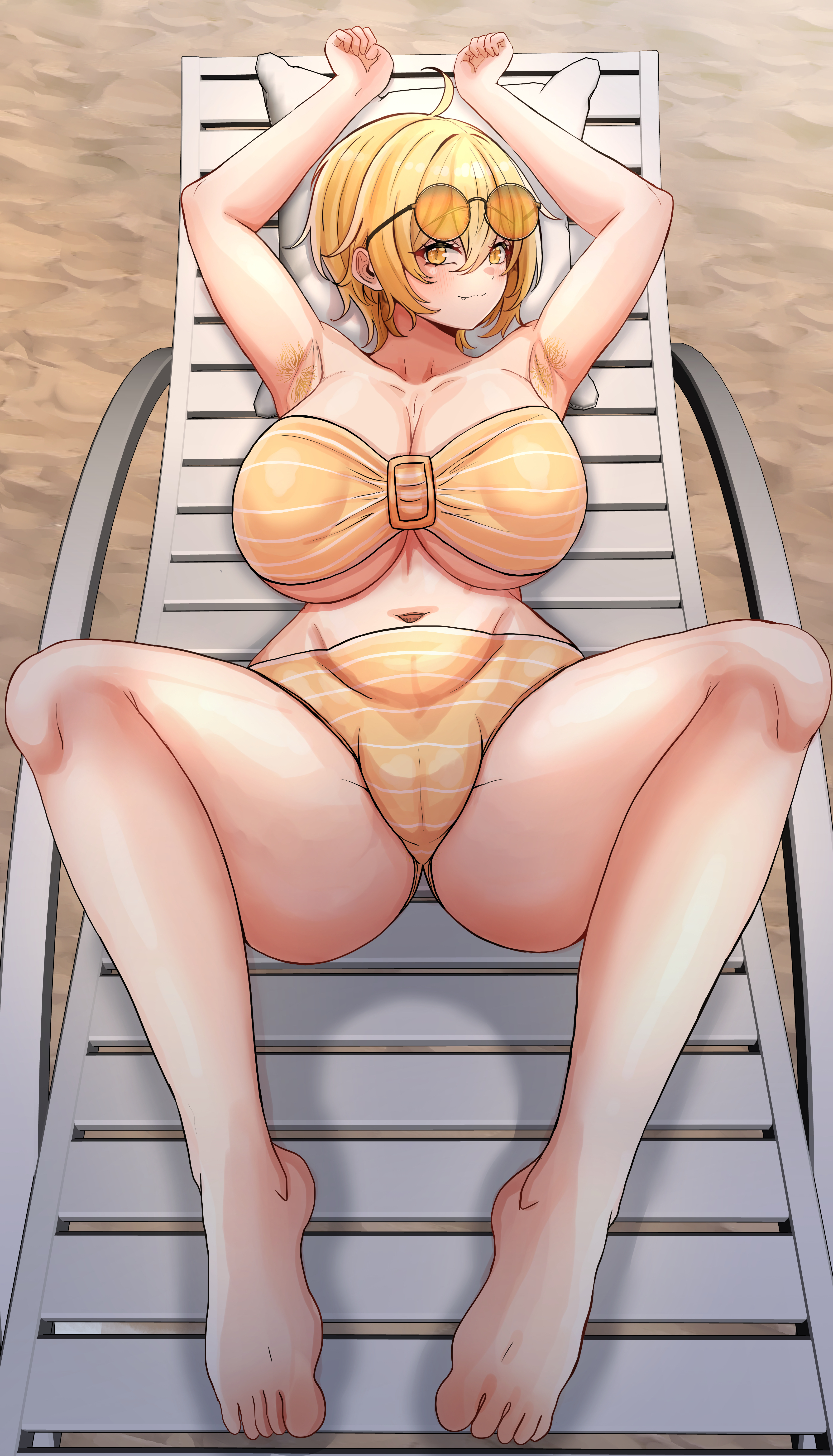 1girls, armpit hair, armpits, arms up, bbambi, beach chair, big breasts, blonde hair, breasts, cameltoe, don quixote (limbus company), eyewear on head, female, female focus, large breasts, light skin, light-skinned female, limbus company, looking at viewer, nipple bulge, nipples visible through clothing, no toenails, oerba yun fang, project moon, short hair, smile, solo, sunglasses, tinted eyewear