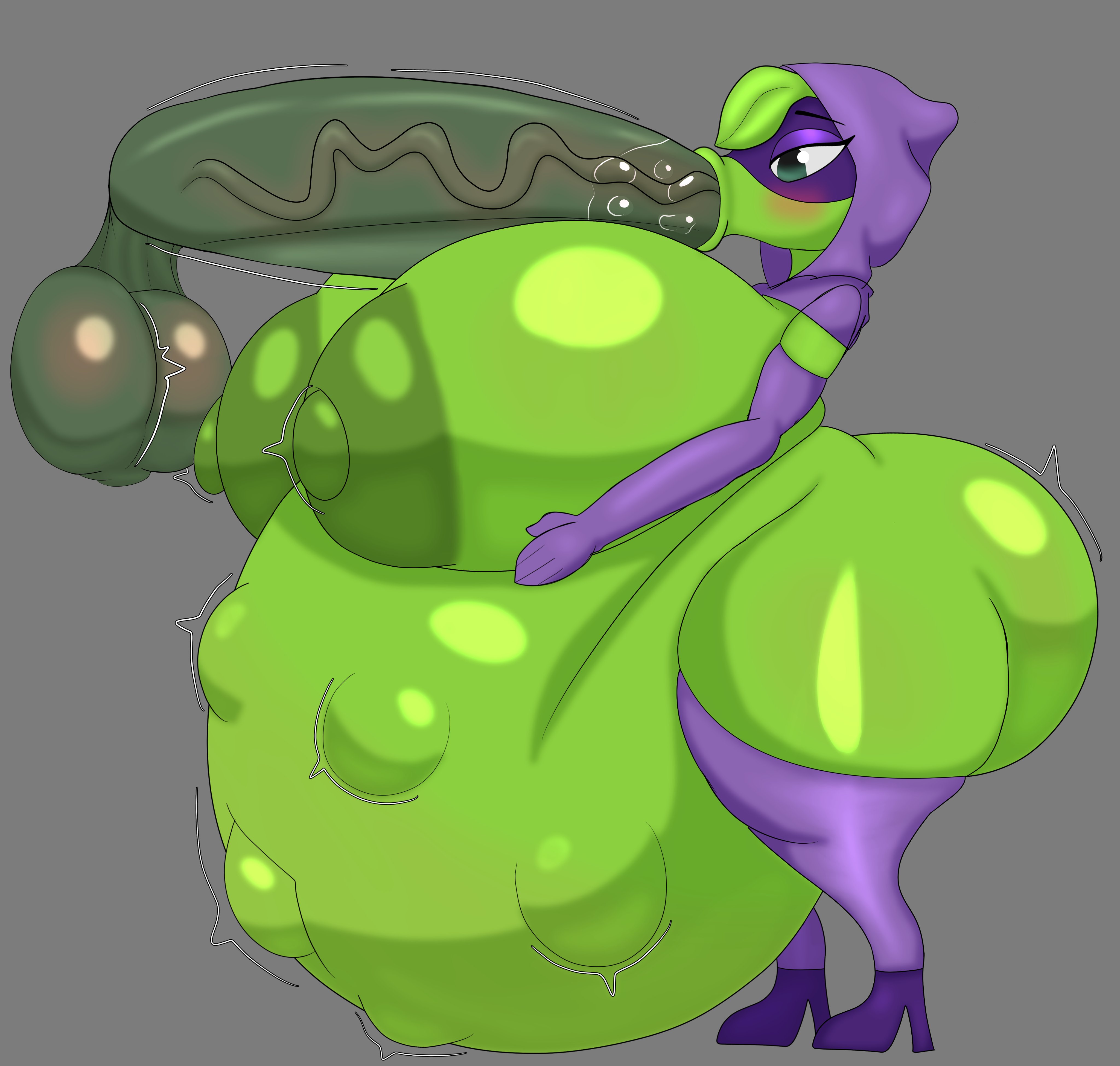 anthro, big ass, big balls, big belly, big nipples, big penis, blush, bonkomi, enormous cock, felation, green areola, green shadow (pvz), green skin, heels, highres, hood, kicking (pregnancy), massive cock, peashooter (pvz), plants vs zombies, purple heels, purple hood, purple hoodie, simple background, sucking, sucking penis, thighhighs, zombie (pvz)