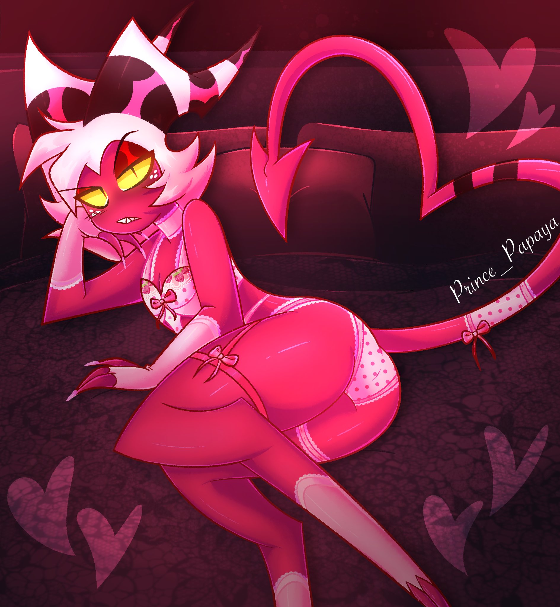 1boy, cheek spots, crossdressing, crossdressing male, demon, demon boy, demon horns, demon tail, gauntlets, girly, girly boy, heart, helluva boss, imp, indoors, lingerie, long nails, lying, moxxie (helluva boss), otoko no ko, painted nails, pink lingerie, pink nails, pink panties, pose, presenting ass, prince papaya, sharp teeth, solo, solo male, tail heart, trap, white hair