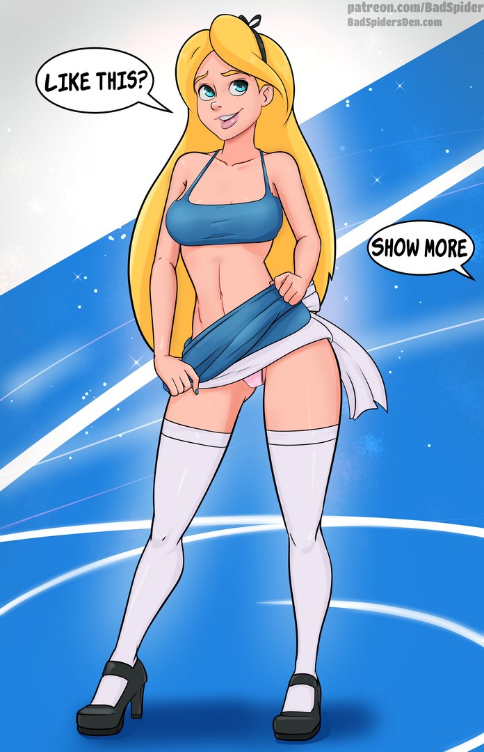 1girls, alice (disney), alice in wonderland, alice in wonderland (1951 film), alice liddell, alternate version at paywall, badspider, blonde hair, blue eyes, female, female only, panties, skirt lift, solo