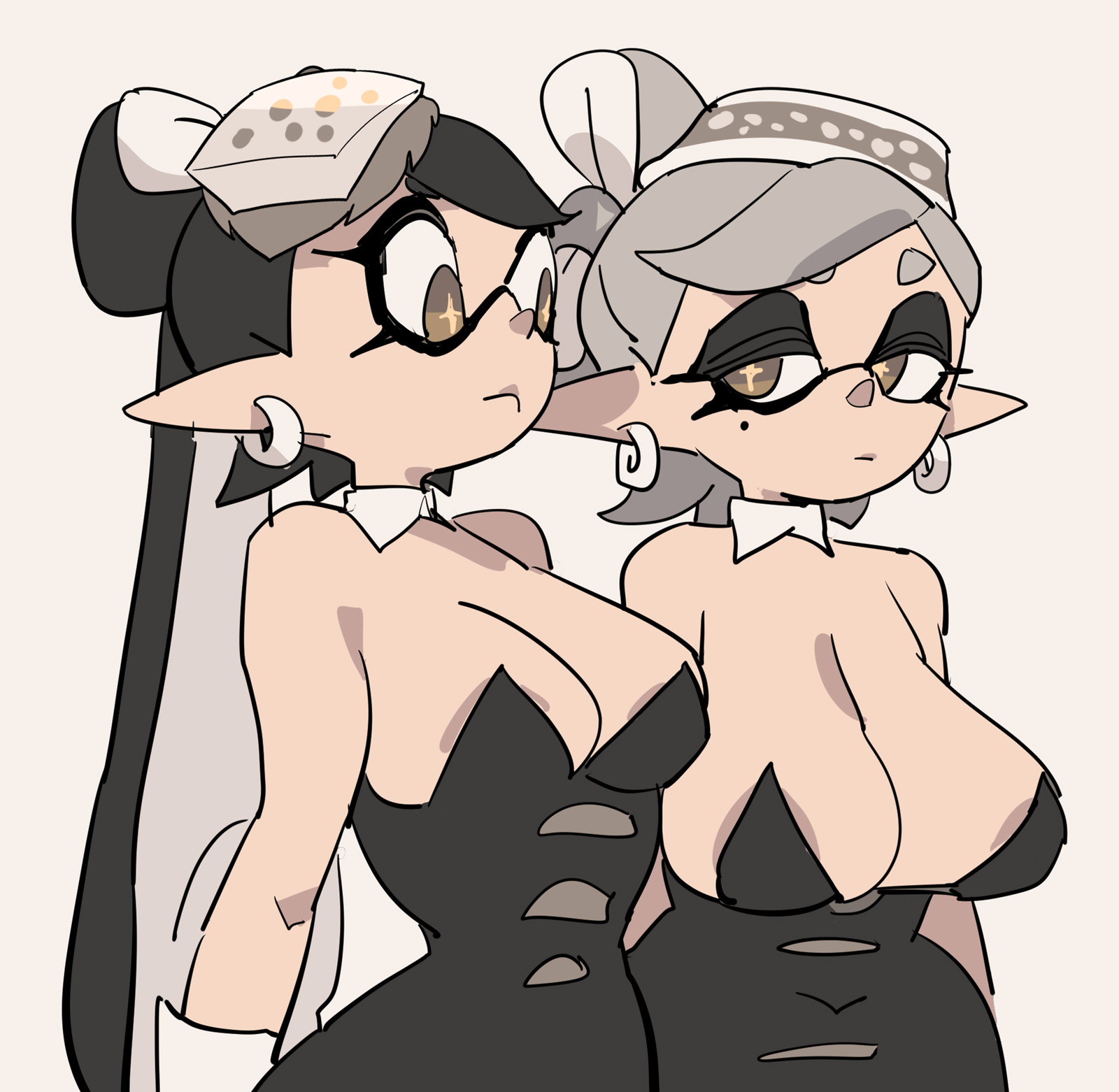 2girls, big breasts, black hair, breasts, callie (splatoon), clothed, cowboy shot, digital media, domino mask, female, huge breasts, inkling, light skin, light-skinned female, long hair, marie (splatoon), nintendo, panties, simple background, splatoon, splatoon (series), squid sisters, standing, tentacle hair, thick thighs, thighs, wide hips, yuta agc