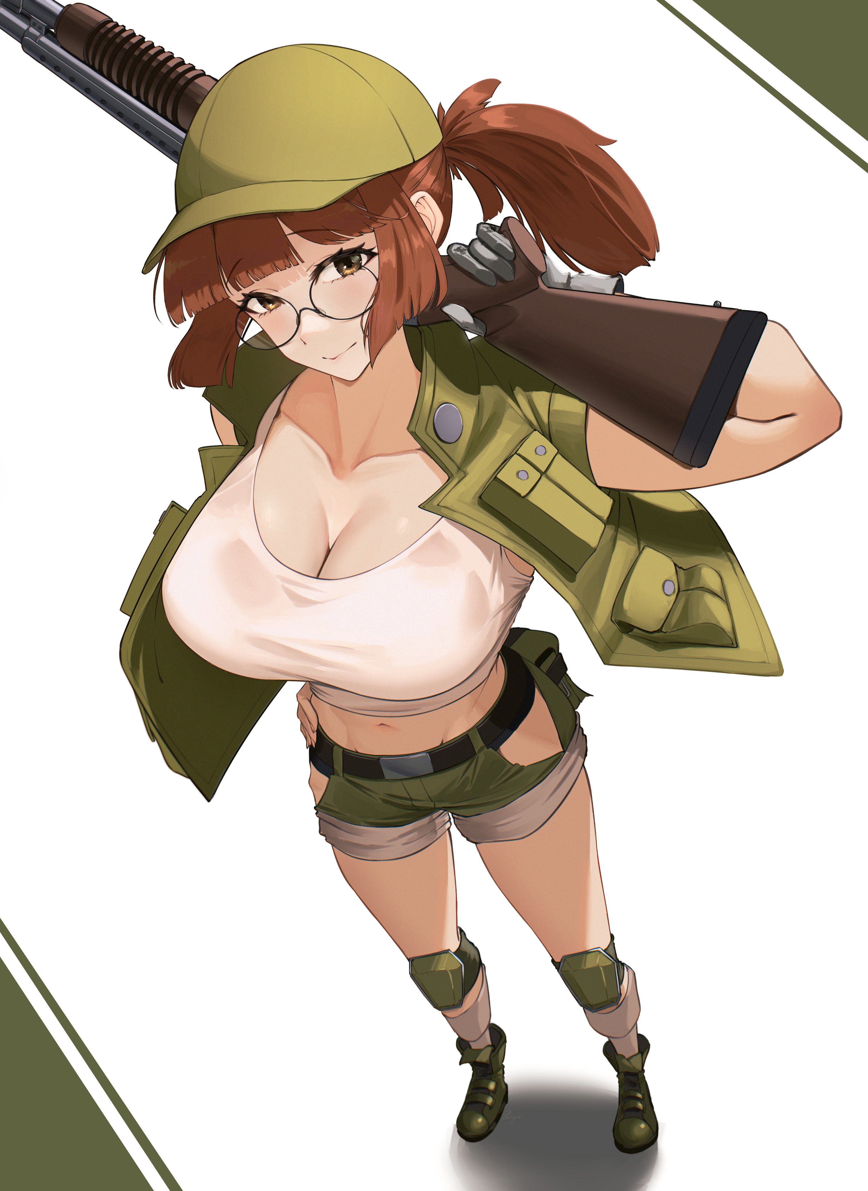 absurdres, baseball cap, belt, black belt, black boots, black border, blunt bangs, boots, border, breasts, brown eyes, brown hair, brown shorts, carrying over shoulder, check clothing, cleavage, clothing request, commentary, crop top, dutch angle, eipanguino, english commentary, female, fio germi, floating hair, from above, glasses, gloves, green hair, green vest, grey gloves, gun, hat, head tilt, highres, holding, holding gun, holding weapon, huge breasts, knee pads, looking at viewer, medium hair, metal slug, midriff, navel, ponytail, rifle, short side ponytail, shorts, simple background, smile, solo, tank top, torn clothes, torn shorts, vest, weapon, white background, white tank top