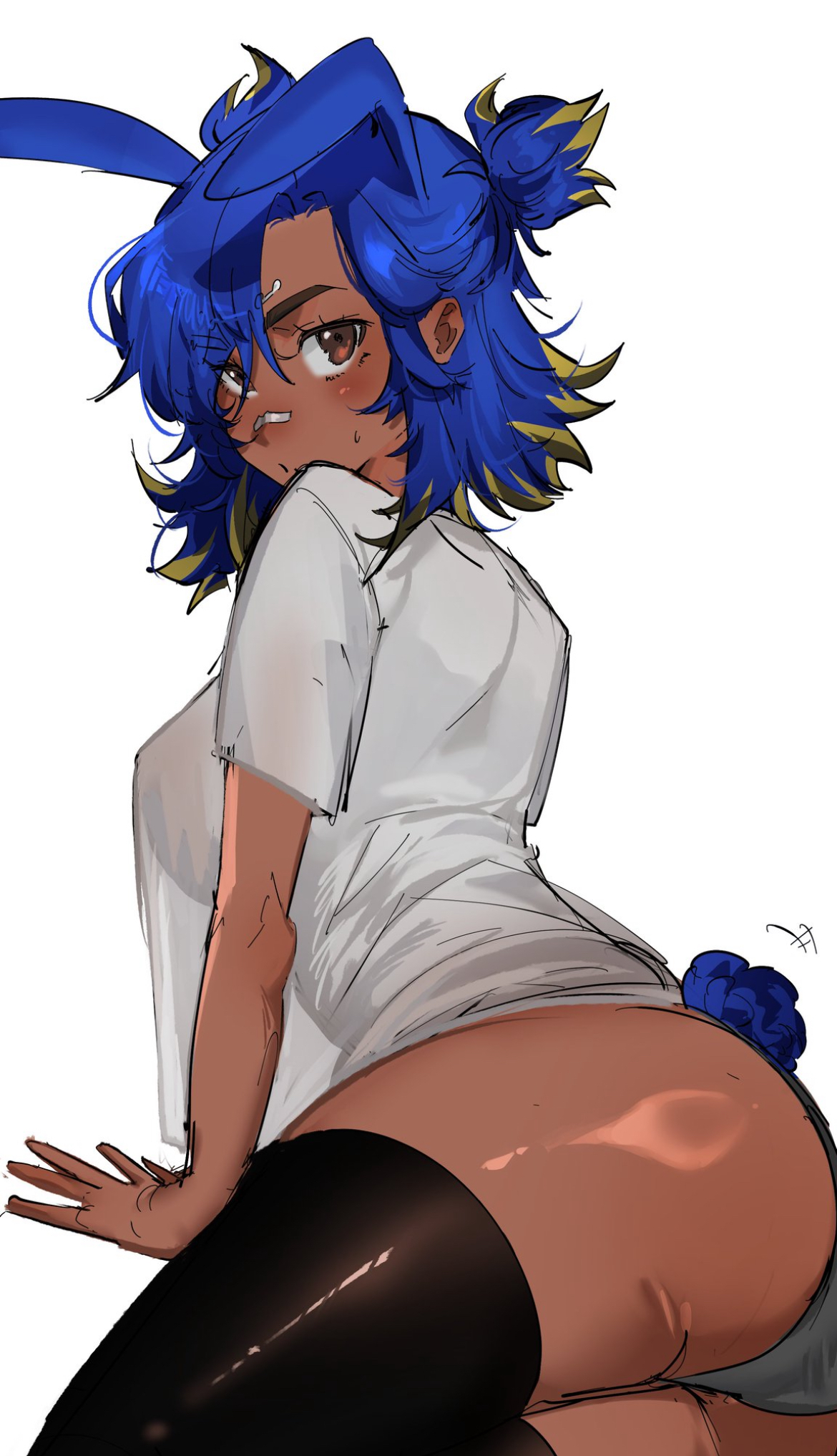 :o, ass, ass focus, bandage, bandage on nose, big ass, big breasts, big butt, big thighs, blue hair, booty, brown eyes, brown skin, brown skinned female, bunny ears, bunny tail, curves, curvy, cute, cute face, dark skin, dark-skinned female, feiyuu, female, female focus, female only, looking at viewer, multicolored hair, neon (valorant), nipple bulge, panties, sexy, sexy body, shirt, shirt and panties, short hair, showing ass, showing off ass, sideboob, solo, solo female, solo focus, thick thighs, valorant, yellow hair