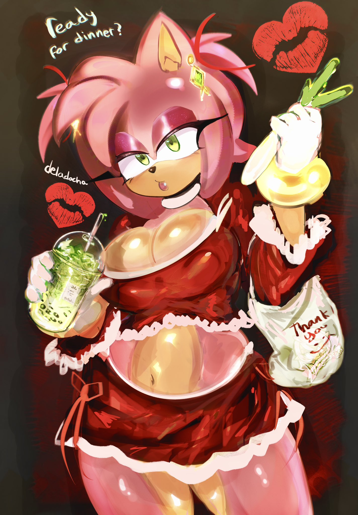2d, 2d (artwork), 2d artwork, amy rose, bag, belly, big ass, big boobies, big breasts, big butt, big thighs, big titties, bracelets, busty, busty female, cleavage, cleavage overflow, deladocha, diadem, drinking, drinking straw, earrings, eyelashes, eyeshadow, gloves, green eyes, half-closed eyes, heart-shaped kiss mark, hedgehog, hedgehog ears, hedgehog girl, hedgehog humanoid, juicy lips, kiss mark, large breasts, makeup, miniskirt, pigtails, pink eyeshadow, pink fur, pink hair, pink lipstick, sega, shiny skin, shirt, sonic (series), sonic the hedgehog (series), tan skin, thick ass, thick butt, thick hips, thick legs, thick lips, thick thighs, tight clothing, wide hips, wide thighs