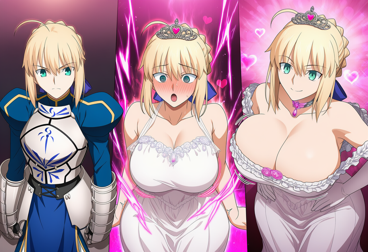 1girls, ahoge, ai, ai art, ai generated, artoria pendragon, ass, ass expansion, belly, big ass, big breasts, big butt, bimbo, bimbo body, bimbo lips, bimbofication, bimbofied, blonde female, blonde hair, brain drain, brainwashed, brainwashing, breast expansion, breasts, butt expansion, cleavage, domestication, dress, dumb, dumbification, fate (series), fate/grand order, fate/stay night, female, female only, feminization, forced transformation, girly, girly clothing, green eyes, hip expansion, hips, huge breasts, hypnosis, hypnotic eyes, identity death, intelligence drain, intelligence loss, iq loss, mental transformation, mind control, noblewoman, ojou-sama, ojou-sama pose, personality change, princess, princess dress, princessification, royal, royalty, saber, simple background, textless, tg gelatin, tiara, transformation, transformation sequence, white body, white skin