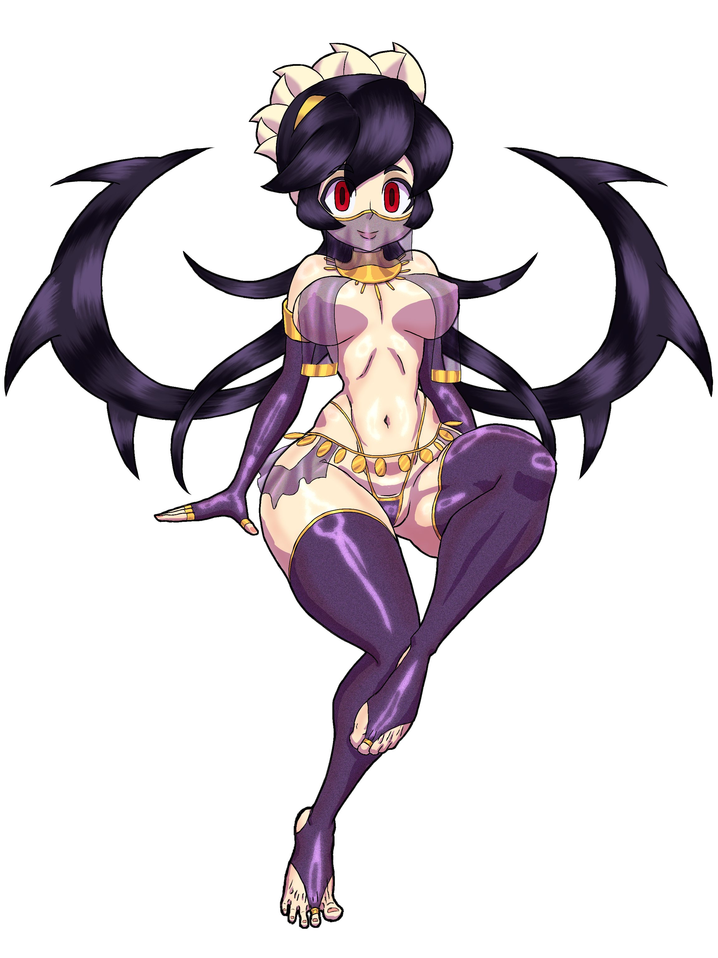 1girls, 2025, 2d, amayori, black hair, breasts, clothing, commission, female, filia (skullgirls), hips, long hair, navel, nipples, red eyes, samson (skullgirls), skullgirls, tagme, thighhighs, thighs