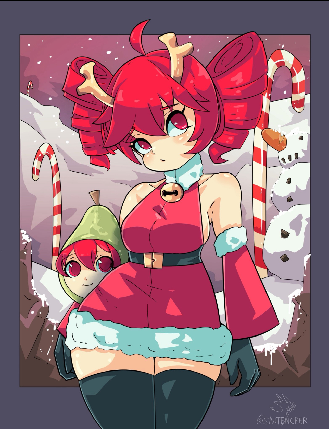 big thighs, christmas outfit, kasane teto, pearto, red eyes, red hair, sautencrer, sleeveless shirt, thick thighs, thighhighs