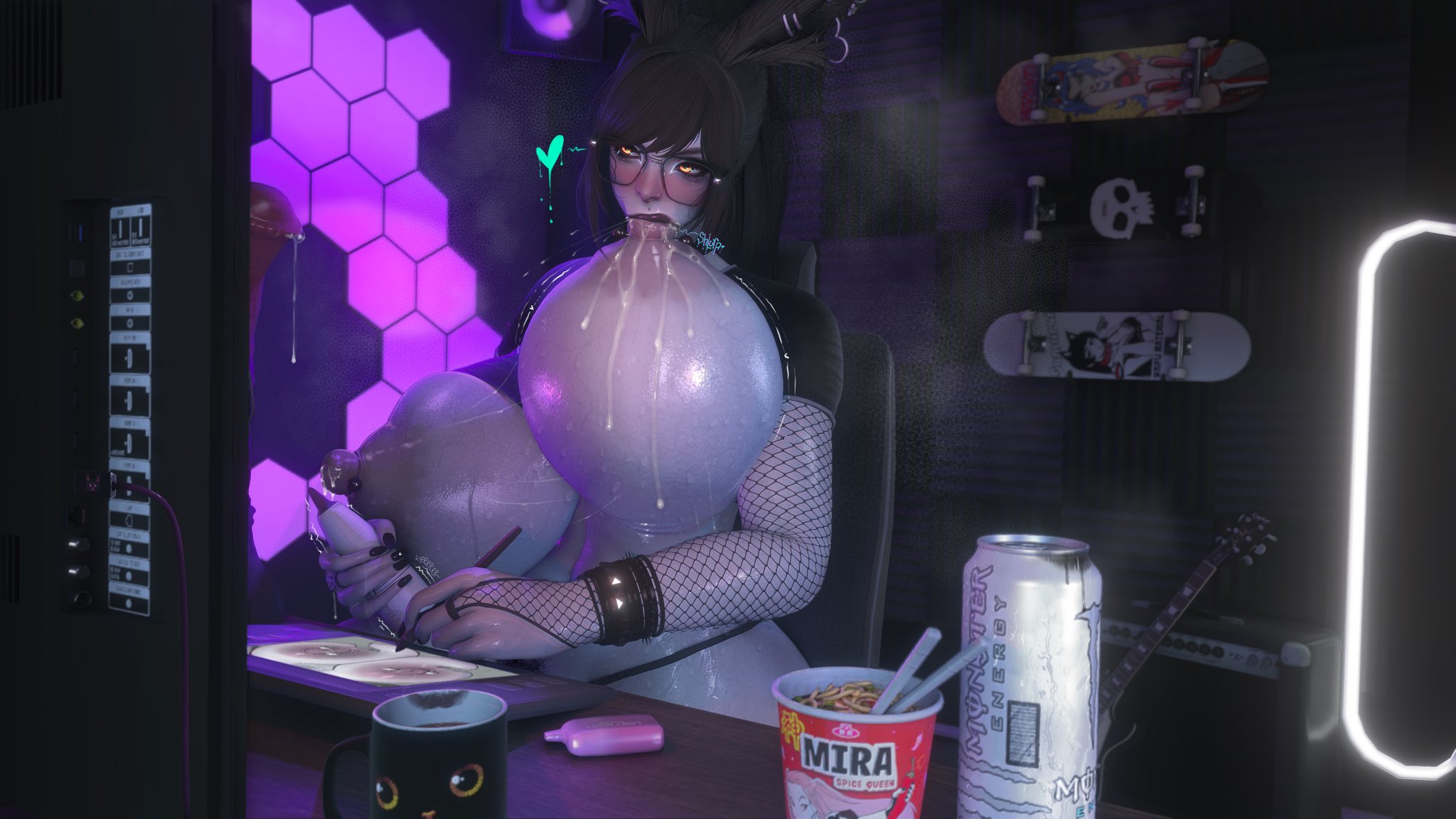 1girls, 3d, areolae, big nipples, black hair, blush, breast sucking, delia (gothbnnuy), female, female only, final fantasy, final fantasy xiv, glasses, goth, gothbnnuy, huge breasts, lactation, large breasts, masturbation, meme, nipple piercing, nipples, pale skin, pale-skinned female, puffy nipples, self breast sucking, solo, solo female, sucking breasts meme, titty sucking method, viera, voluptuous, yellow eyes
